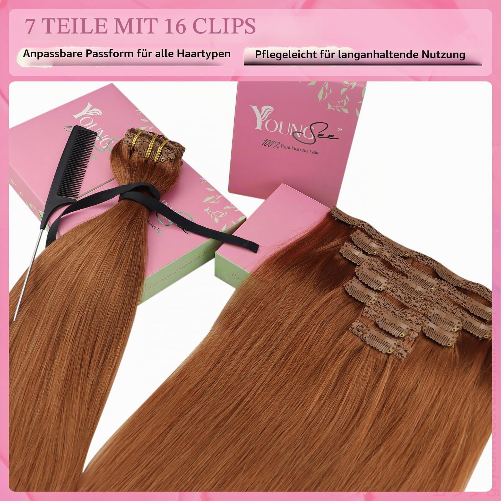 YoungSee Clip in Extensions Echthaar Kupfer,Clip in Extensions Glattes,Clips Hair Extension Menschliches fur Damen,45 cm,120g,7 Stücke,330