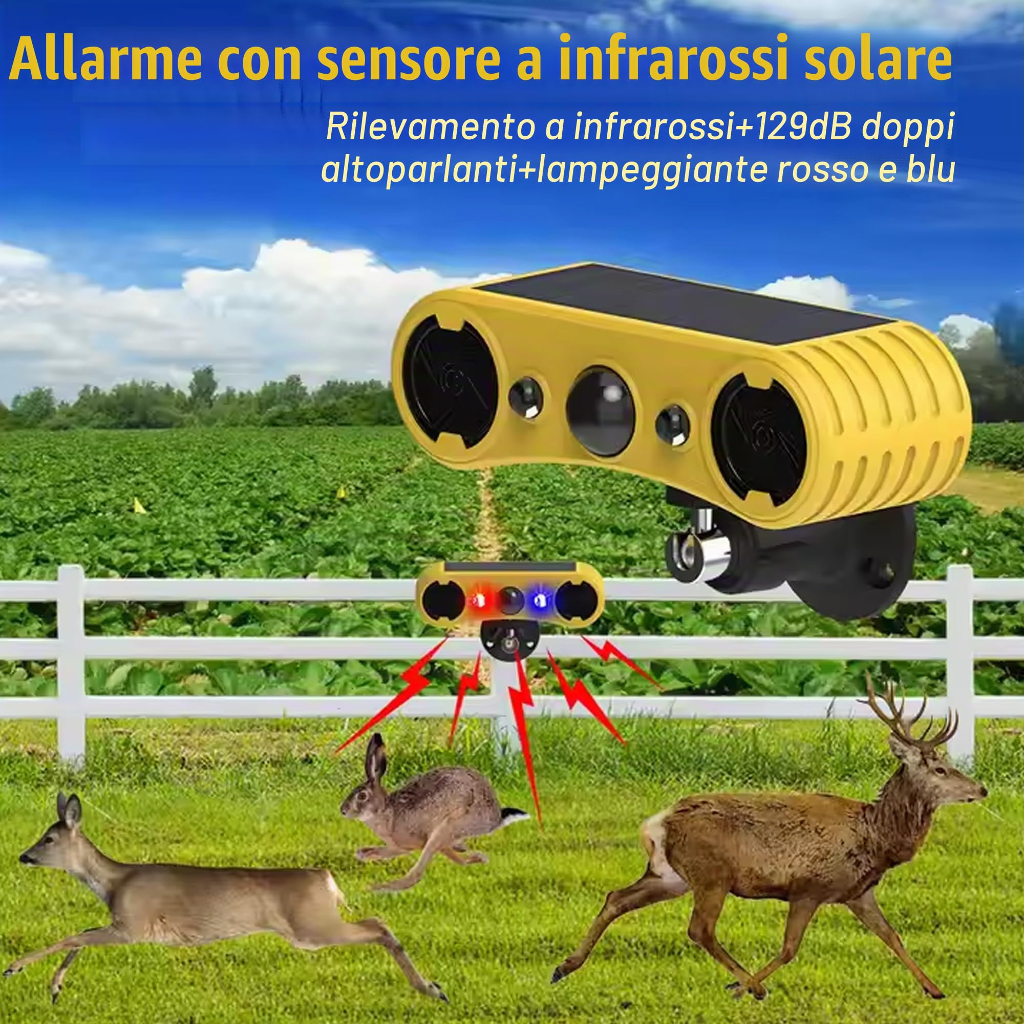 Allarme sensore di movimento esterno solare - Allarme sonoro per cani che abbaia e spari, 2 * 129dB Loud Noise Maker, 4 modalità, luce stroboscopica attivata dal movimento rosso e blu (4 Pack)