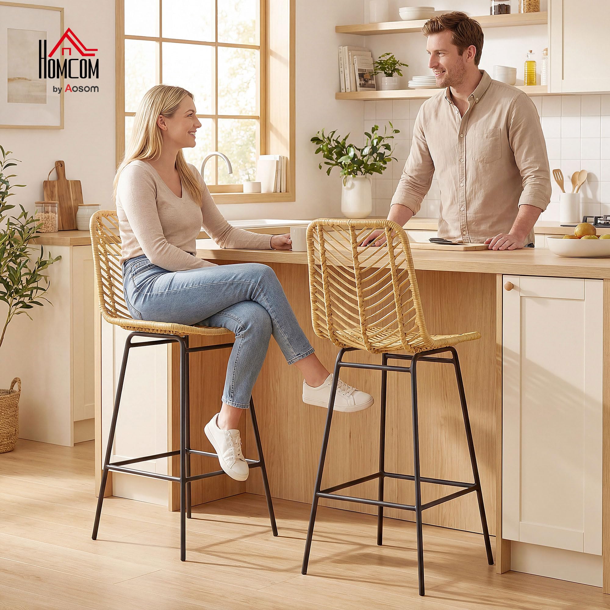 HOMCOM Lot de 2 Tabourets de Bar, Chaises de Bar, Assise 66H cm, Dossier en Cannage et Repose-Pieds, Cadre en Acier, Design Bohème, Chaises Hautes Cuisine, Salle À Manger, Comptoir, Jaune