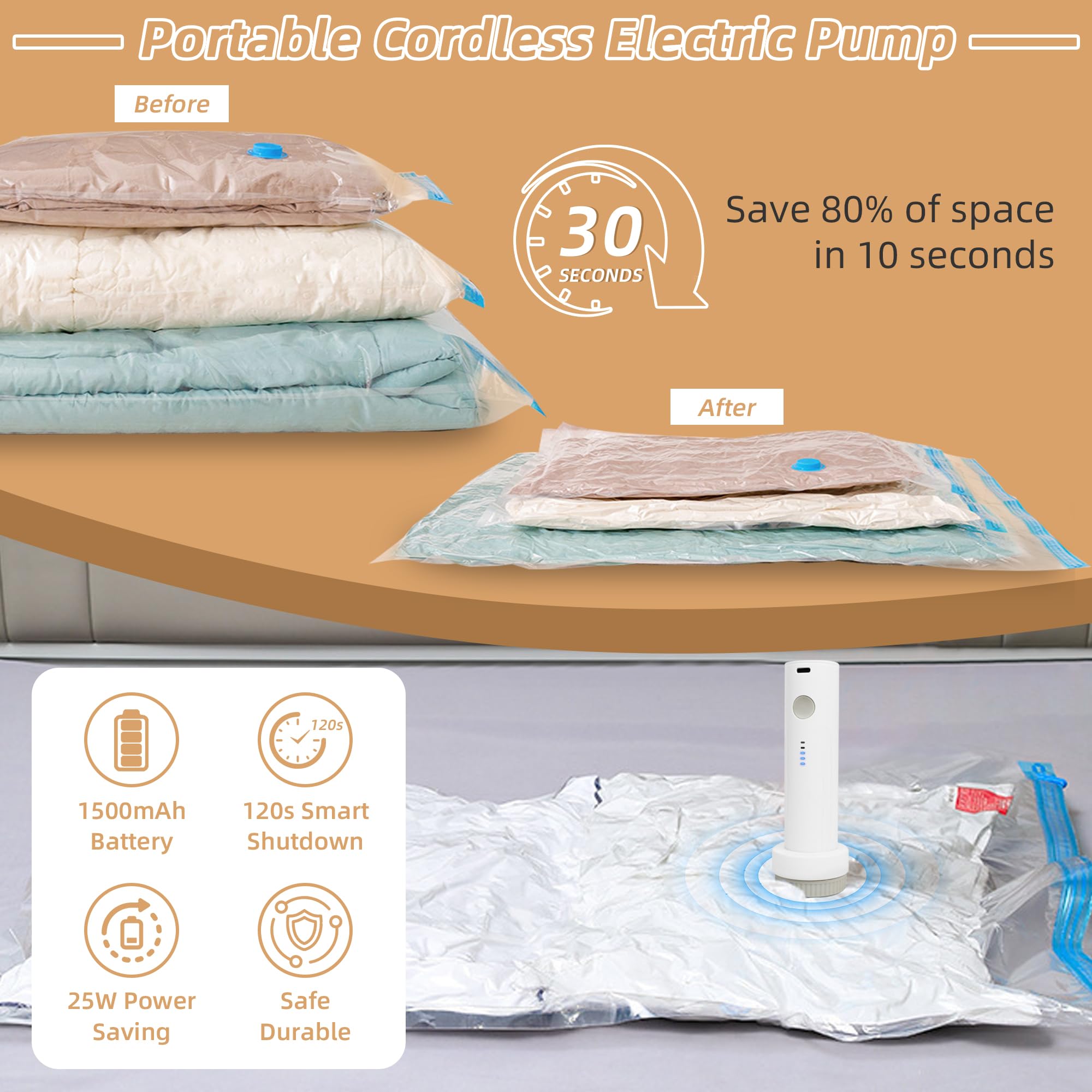 Reise-Vakuumbeutel mit wiederaufladbarer Pumpe, 18 Stück, Vakuumbeutel für Kleidung, Koffer, Rucksack, platzsparende Kompressions-Aufbewahrungstasche (18 Combo + elektrische Pumpe)