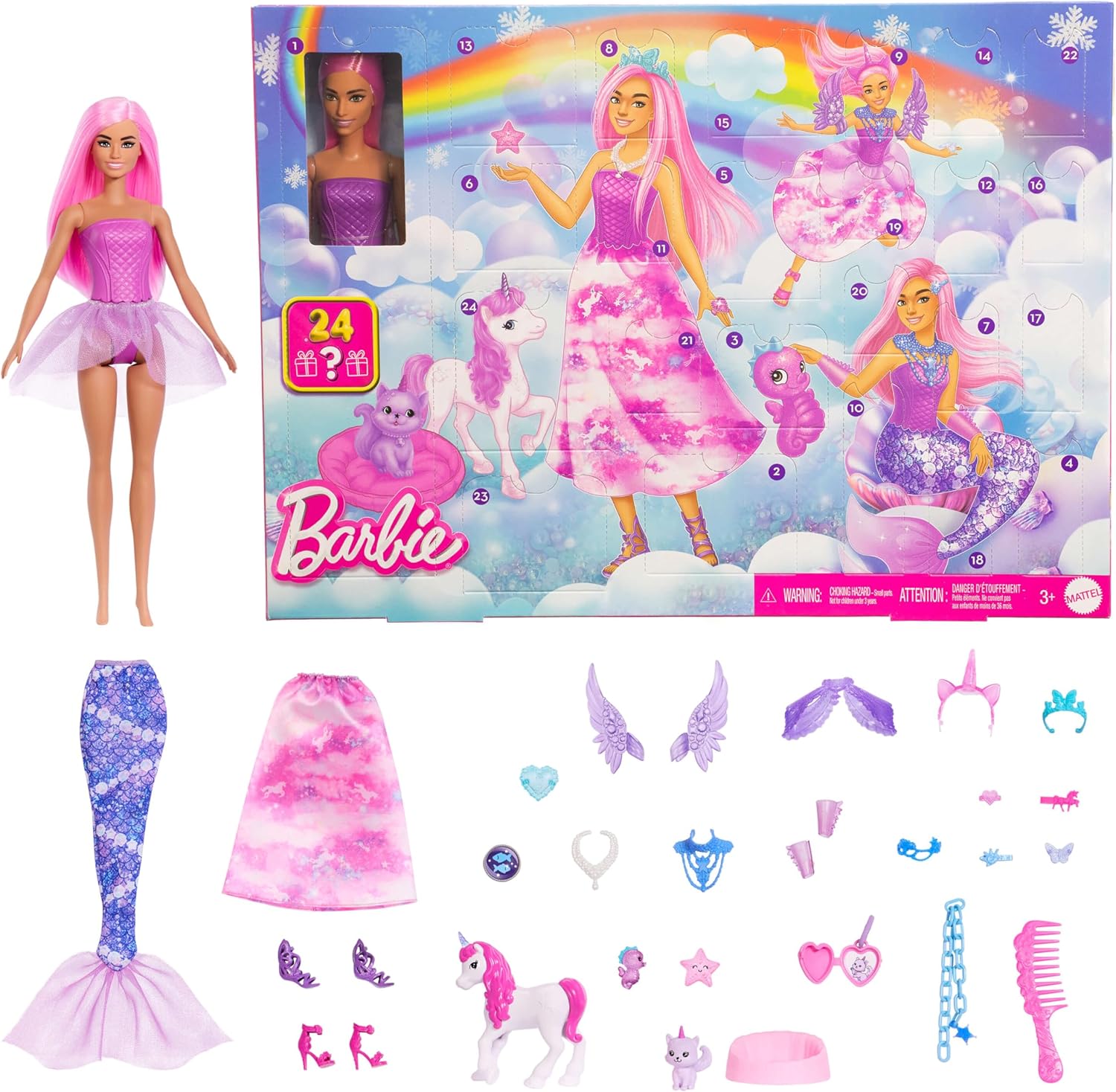 Barbie - Advent Calendar 2025 with Doll - Barbie Fantasy Christmas Calendar with 24 Surprises for Girls - Fashion Doll as Fairy, Mermaid and Princess with Unicorn
