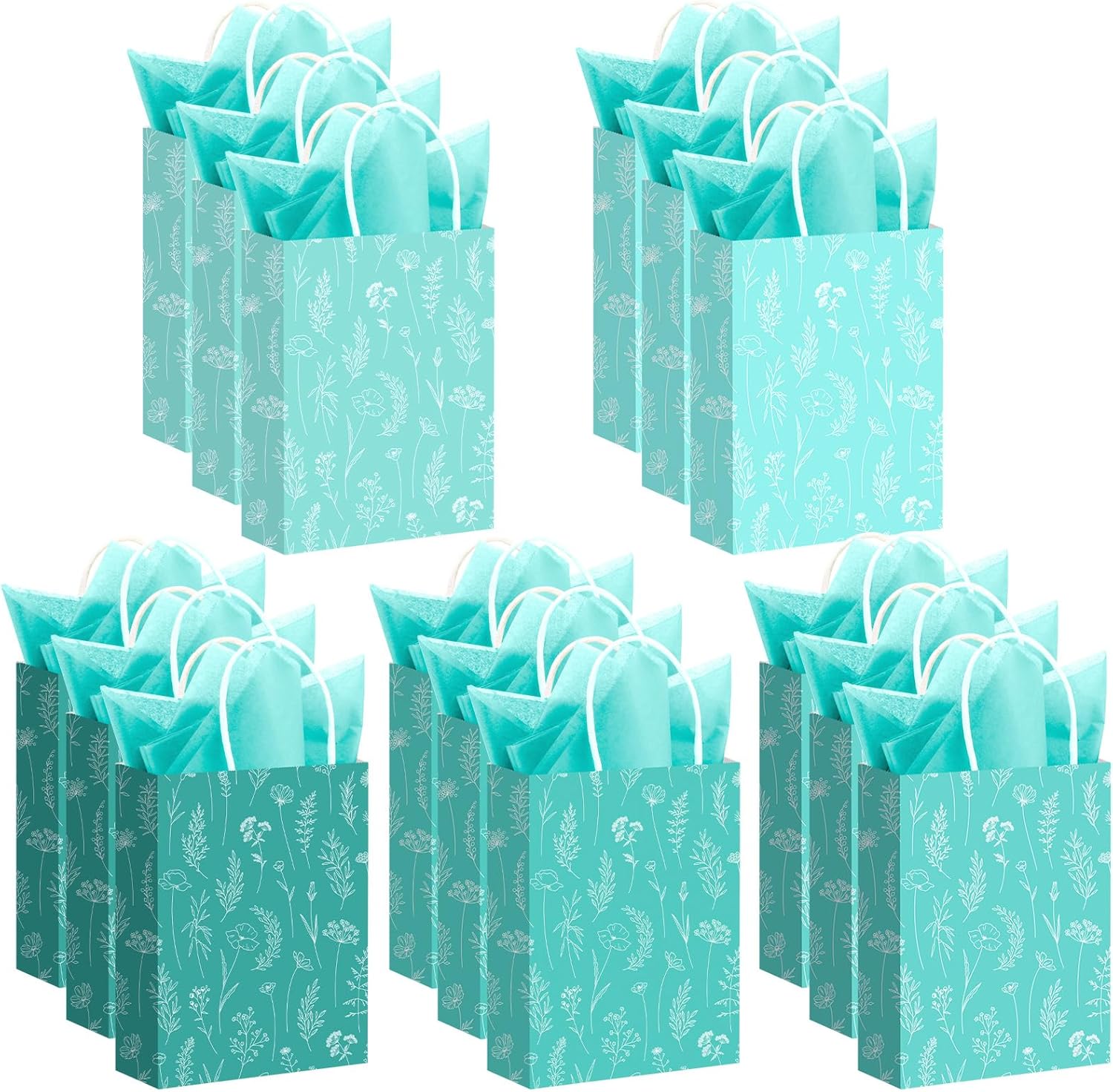 Kolldenn 50 Pcs Small Mothers Day Gift Bags Bulk with Tissue Paper Floral Thank You Gift Bags with Handle for Women Wedding Baby Showers Birthday Party Favor (Sea ​​blue,8.27 x 5.91 x 3.15 Inch)