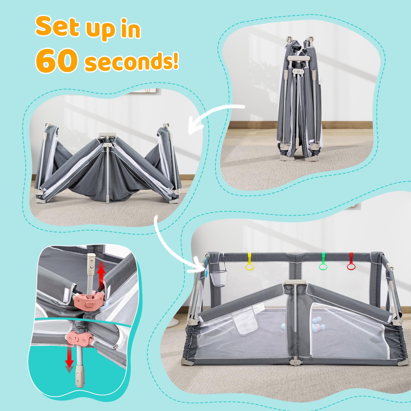 CHOLY faltbarer Baby-Laufstall mit Matte, Laufstall für Babys Kleinkinder | tragbarer Spielplatz mit Ozeanbällen, schnell aufbaubarer Kinderzaun mit Reisetasche (grau, 180*150 cm)