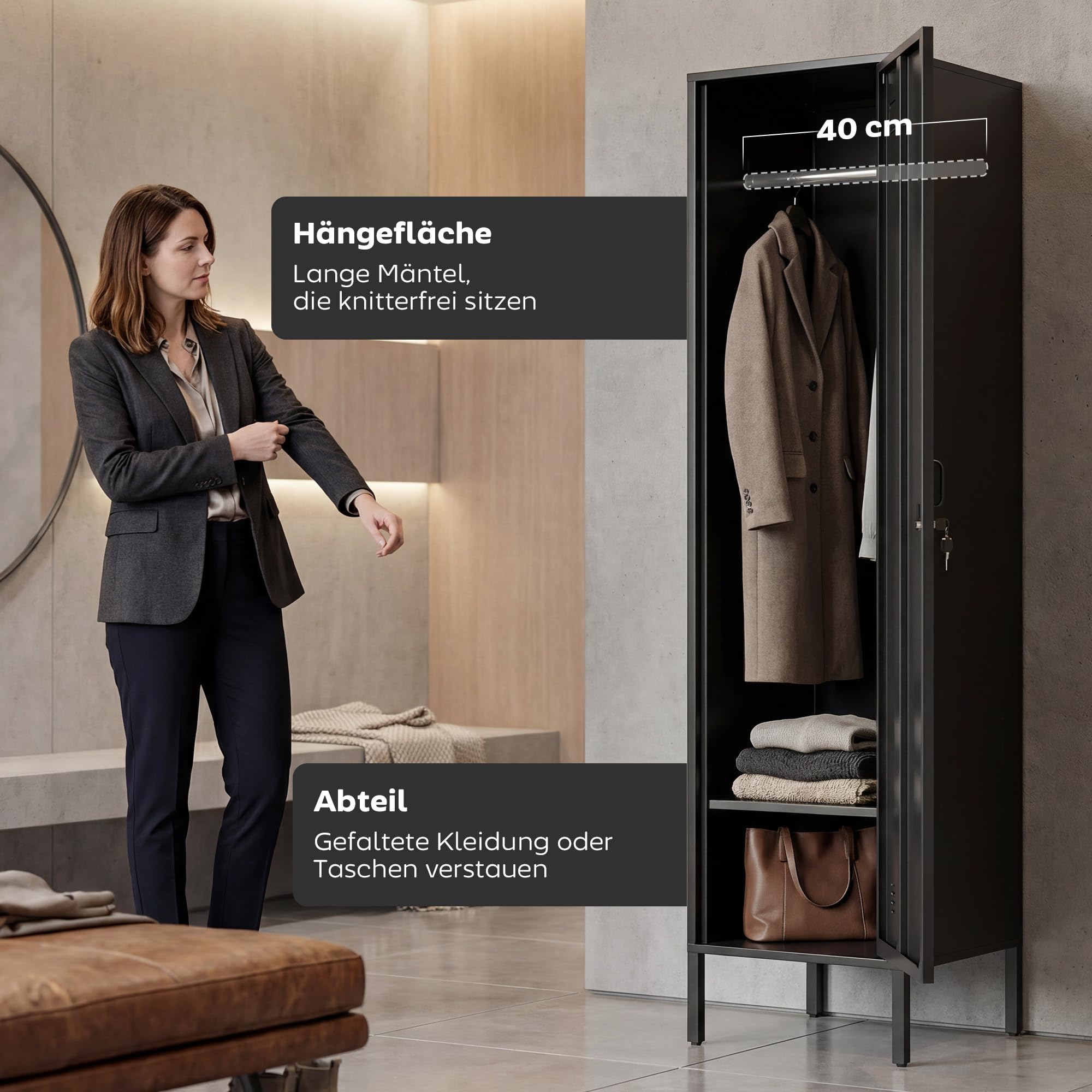 HOMCOM Metallshrank Spind Abschließbar Schließfachschrank mit Kleiderstange, Namensschildhalter, Lüftungsschlitze und Ablage Kleiderschrank Aufbewahrungsschrank 40x40x179cm Schwarz