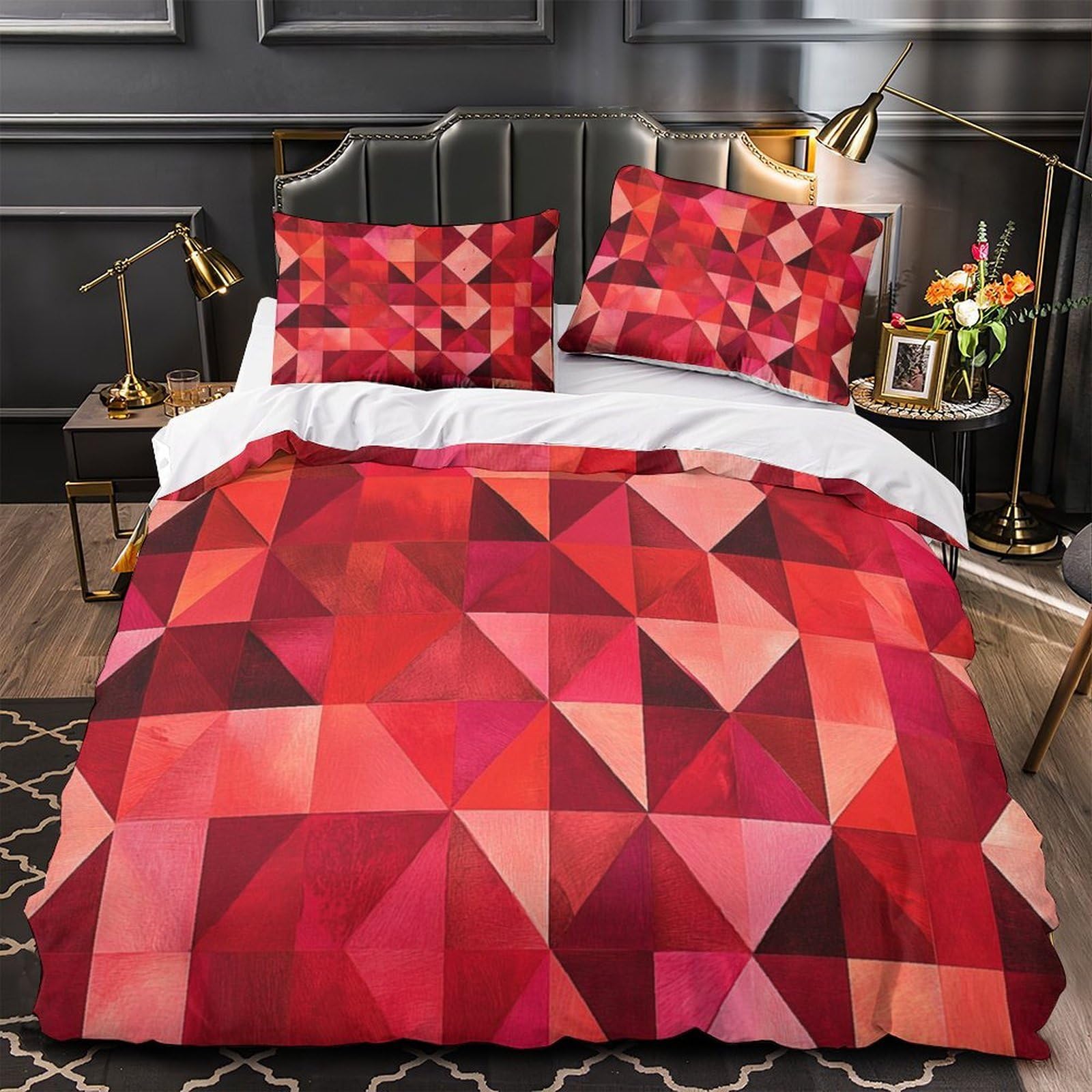 Housse de couette lavable machine 260x220 cm motif géométrique rouge anti-froissage pour grand lit