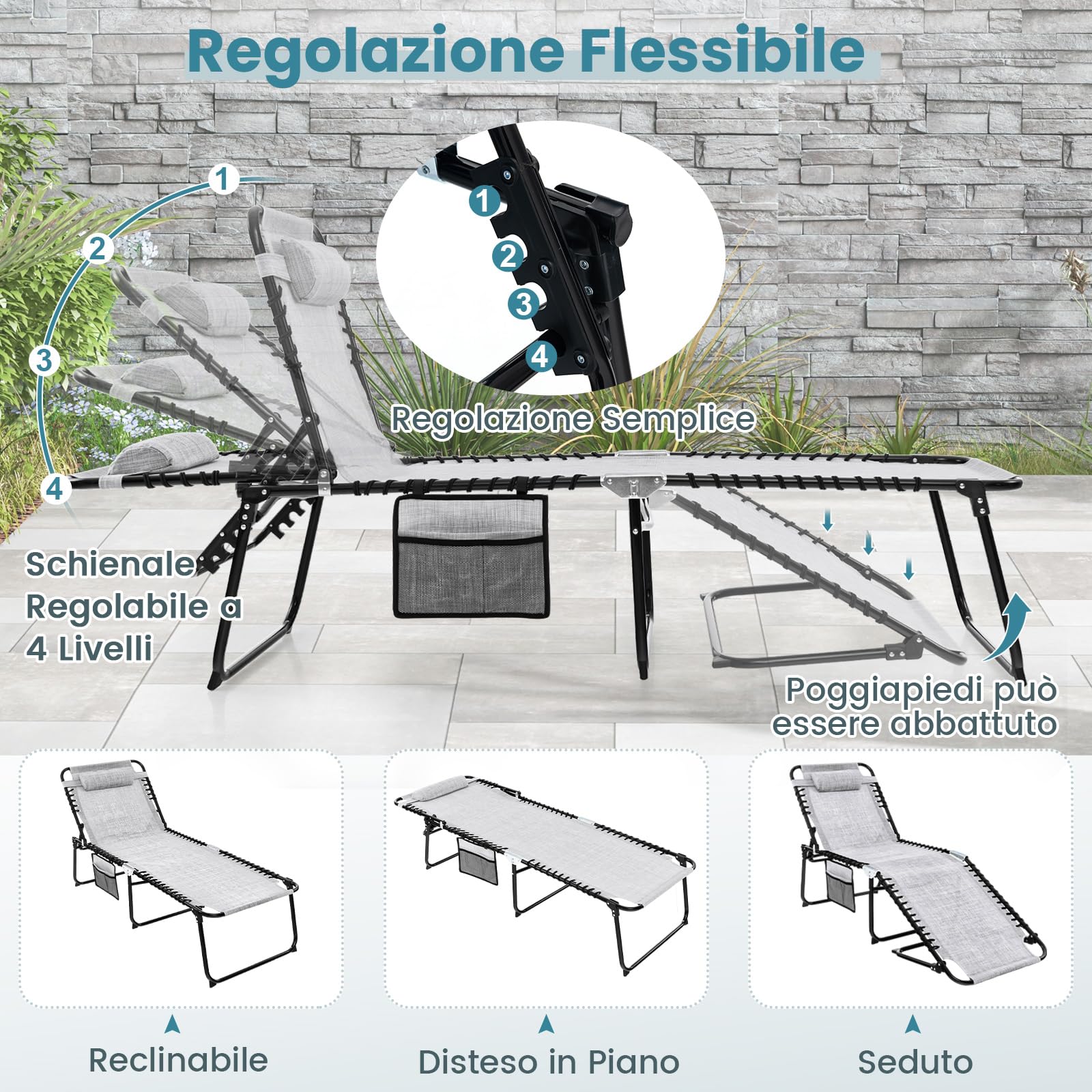 COSTWAY Lettino Prendisole da Giardino, Sedia a Sdraio Pieghevole con Schienale Regolabile, Cuscino Staccabile, Tasca, Portata 200 kg, 168-188 x 69 x 41-86 cm (Grigio)