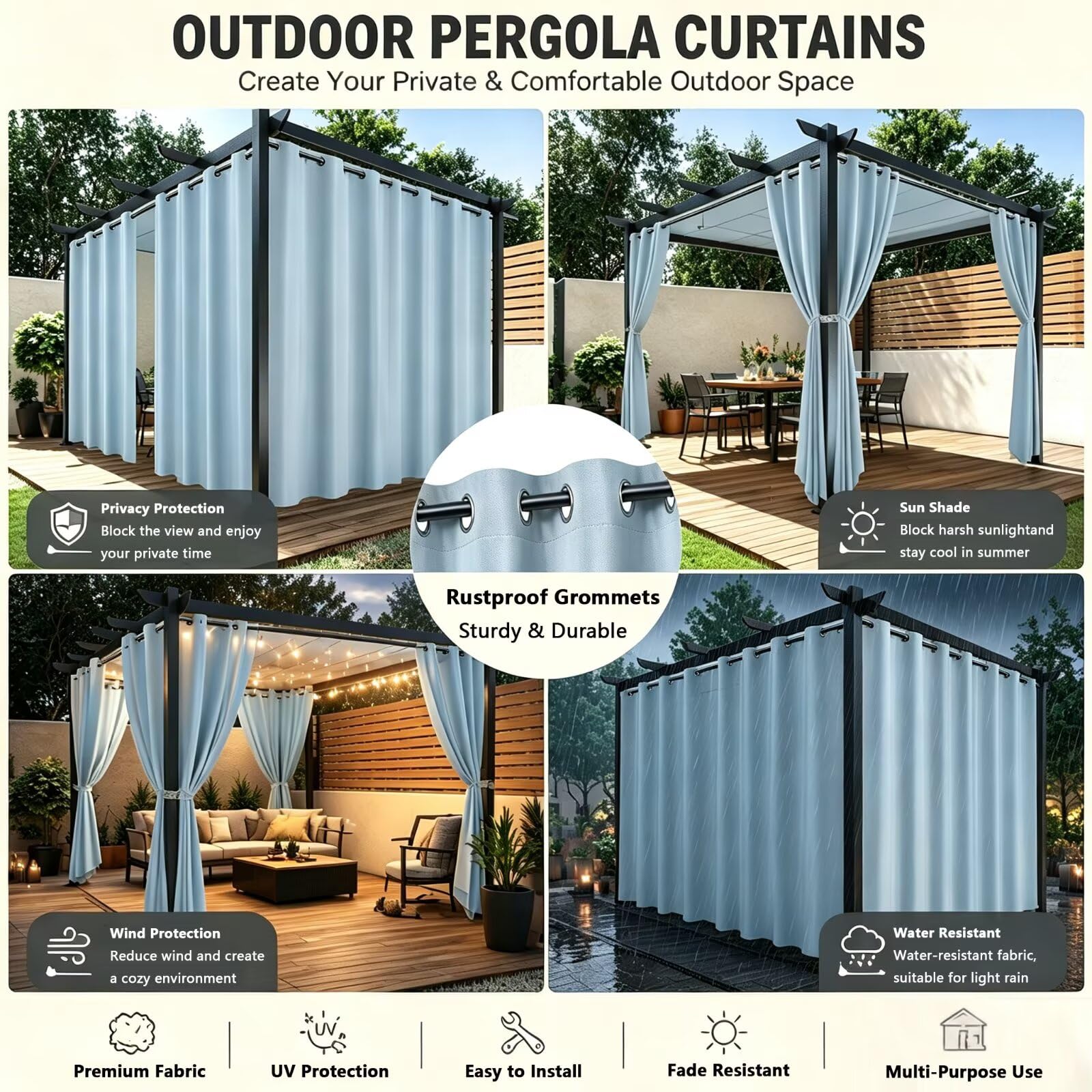Rideaux pour pergola extérieur occultants 2 panneaux H241 x L213cm bleu