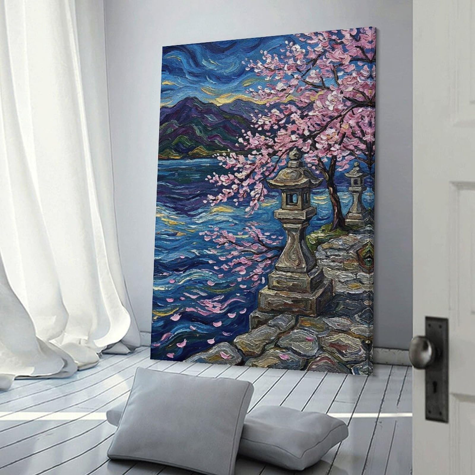Junmoney Cherry Blossoms And Stone Lanterns Painting Canvas Wall Decor, 12x18inch(30x45cm), for Lounge Decor, Bedroom Walls Or Flats, Eye Catching Artwork for Blank Walls