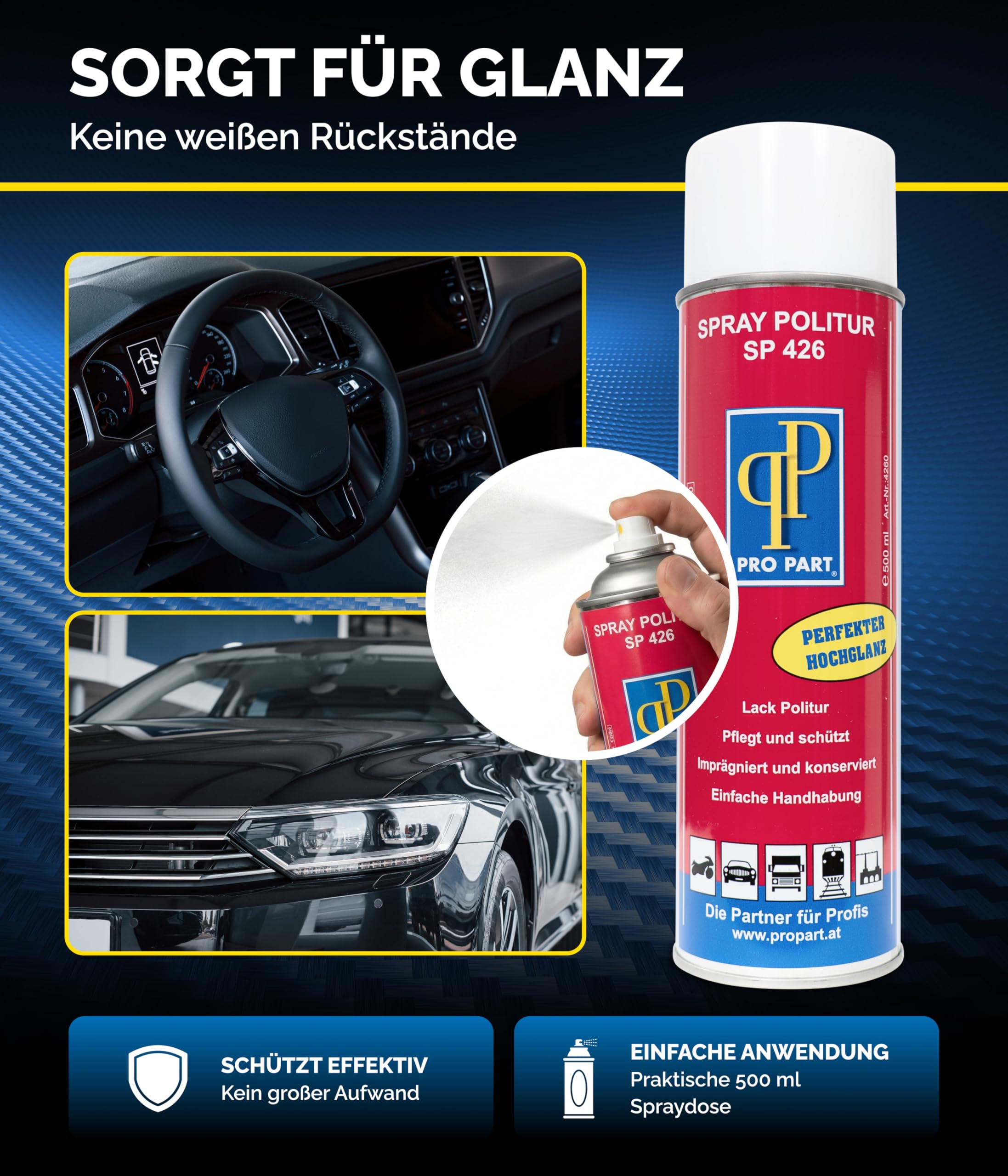 Pro Part® Spray Politur SP 426 – 3 x 500 ml – Autopflege High Speed Versiegelung für Lack & Kunststoff – Perfekter Glanz ohne weiße Ränder – Schutz vor Wiederverschmutzung, Made in EU