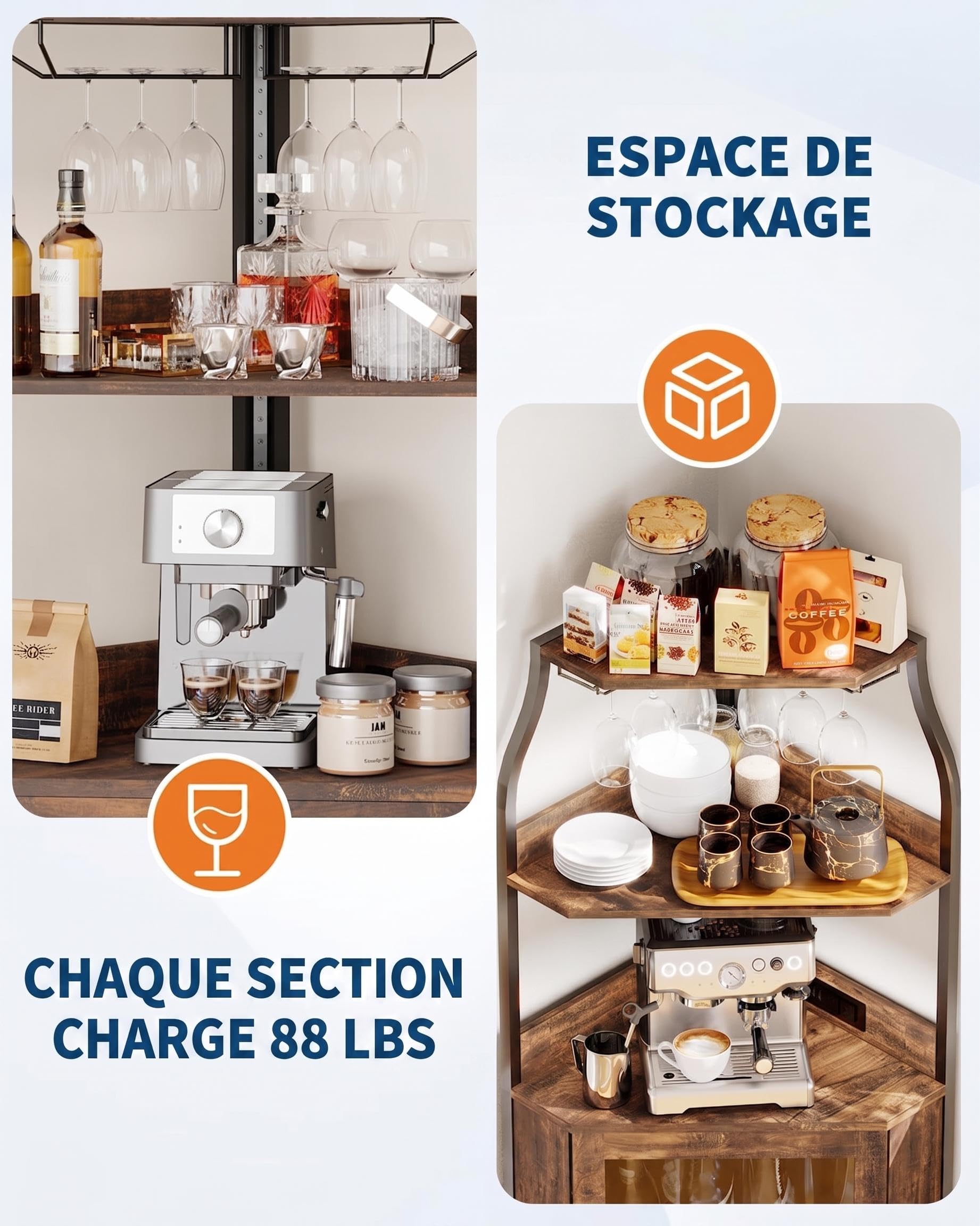 Garvee Vitrine à vin courbée en MDF avec 4 étagères – Porte vitrée et éclairage LED – Meuble Bar indépendant Moderne pour Salon – Rangement Bouteilles et Verres – Facile à Nettoyer – Marron