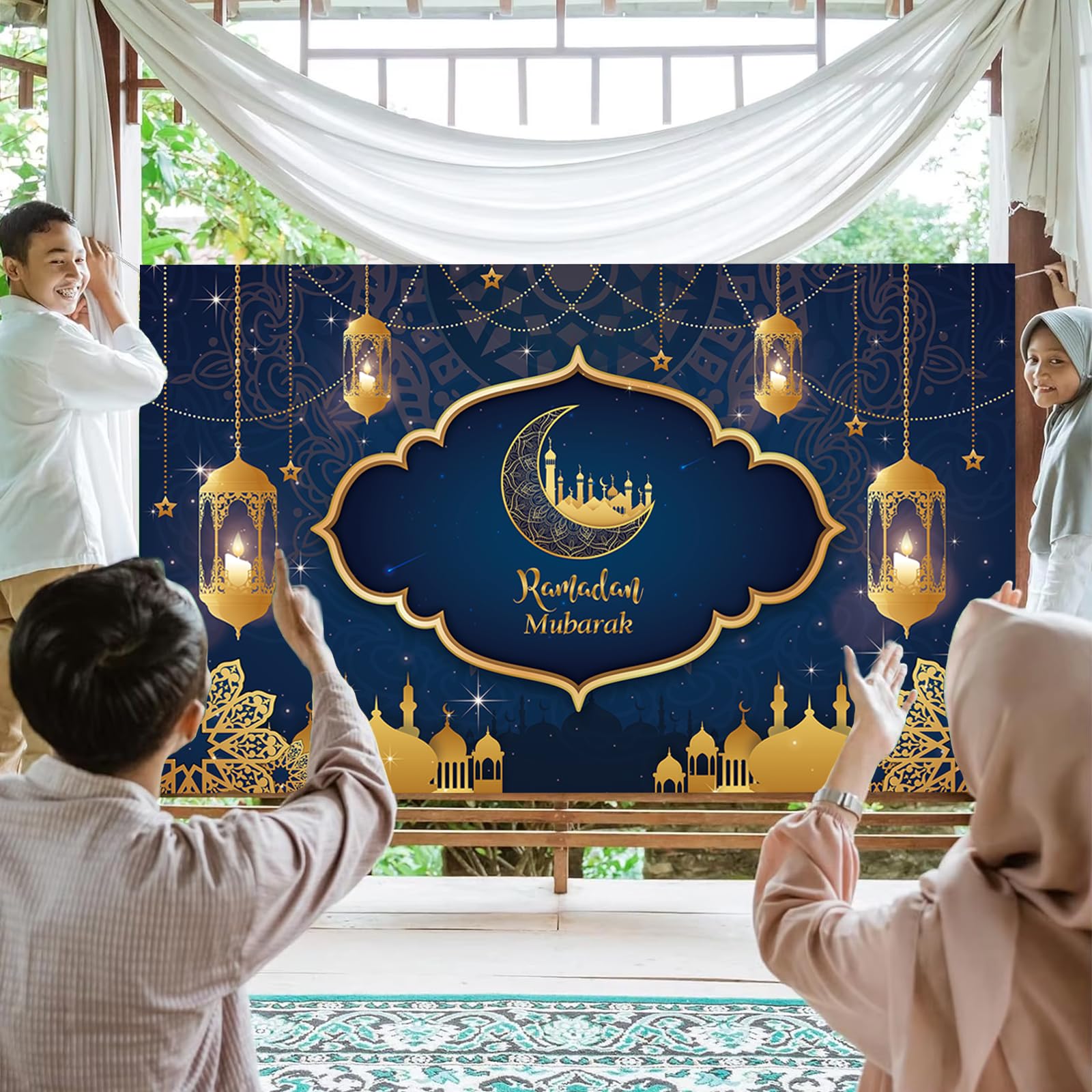 Ramadan Mubarak Banner 2025, Extra Large Tissu Eid Kareem Backdrop For Decorations, 72 X 44 Inch Star Moon Lanterns Castles Photo Booth Background For Islamic Muslim Al-Fitr Party Supplies