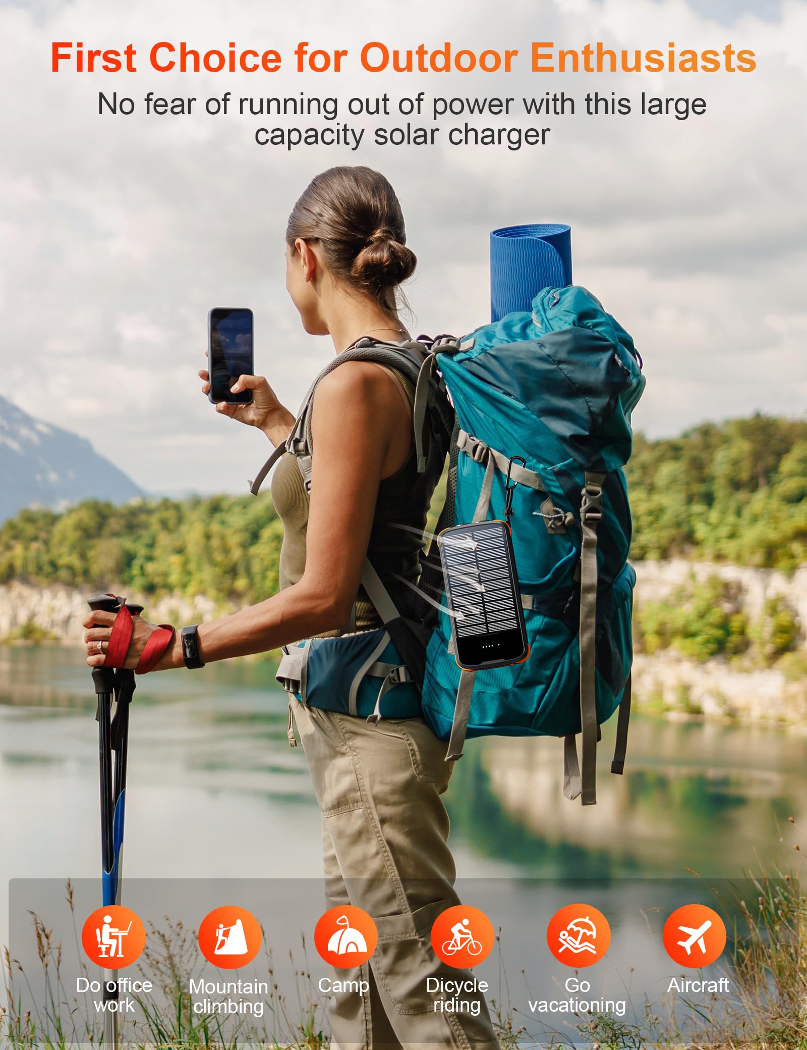 Cargador solar, batería externa de carga rápida PD de 20 W, cargador de teléfono portátil de 40000 mAh, 4 cables integrados con linternas dobles brillantes para camping, senderismo y uso al