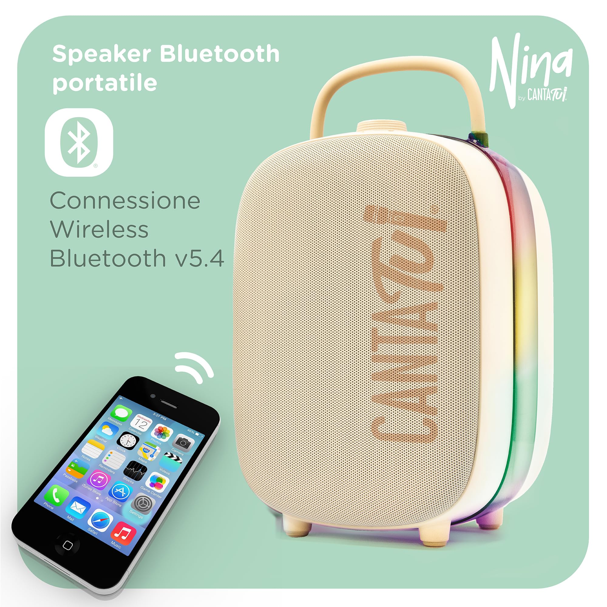Canta Tu Nina Macchina Karaoke 2 Microfoni Wireless Bluetooth Altoparlante Portatile Luci LED Cambio Voci Beige
