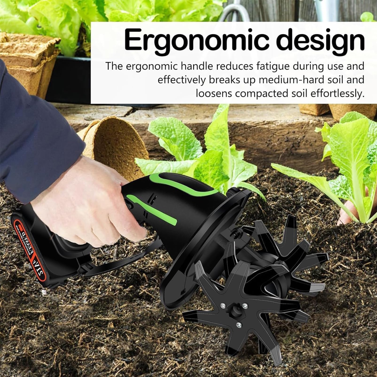 Motocultor eléctrico inalámbrico para jardín, Equipado, con 10 cm de Ancho y Profundidad de labranza, para Trabajos de Cultivo en césped y jardín.