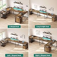 Vista 6 de YITAHOME Escritorio en forma de U, escritorio para computadora con tomas de corriente y luces LED, escritorio reversible en forma de L con cajones