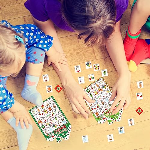 Miniatura 7 de Fancy Land Juego de bingo de Navidad para niños, 24 jugadores, casa de jengibre troquelada, bingo, casa de nieve, vacaciones y actividades de fiesta