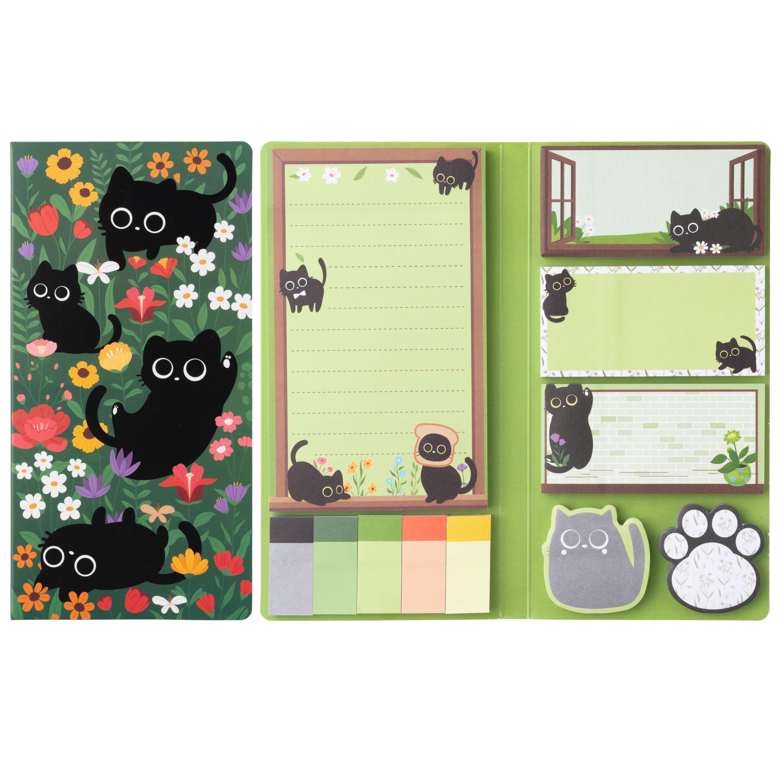 B1ykin Sticky Notes Set - Cartoon Theme Cute Self-Stick Notes Pad Teacher Appreciation Gifts， Self-Adhesive Writing Memo Pages Sticky to Do Notepad for Kids Employee School Office (Black Cat Floral)