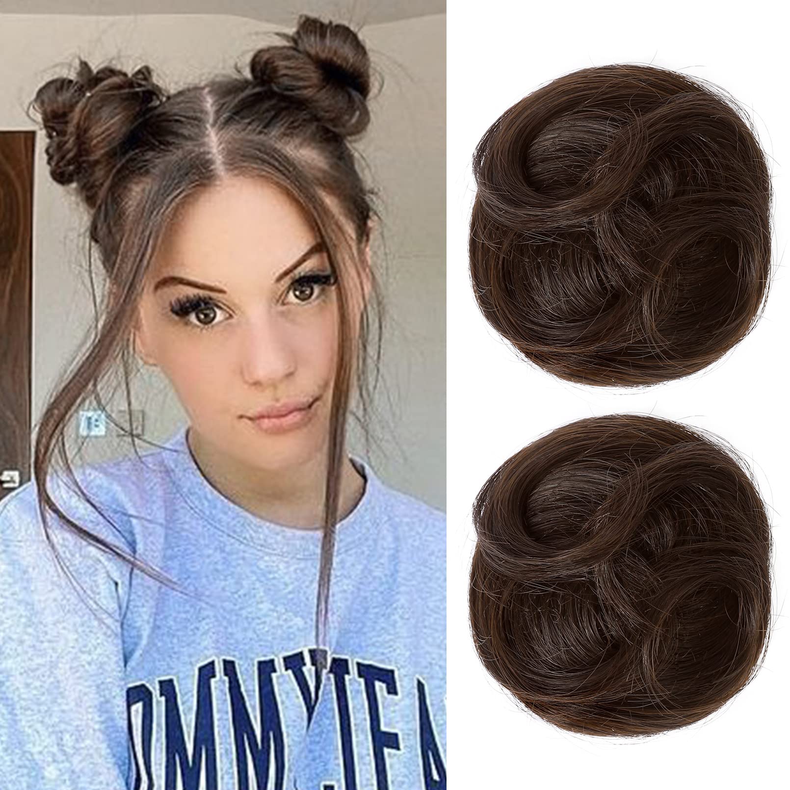 REECHO 2 PCS Mini Claw Clip in Messy & Cat Ears Hair Bun Extensions Wig Accessory Updo Hairpieces for Women Girls (Pack of 2-3.5" Wavy, Dark Chocolate Brown)