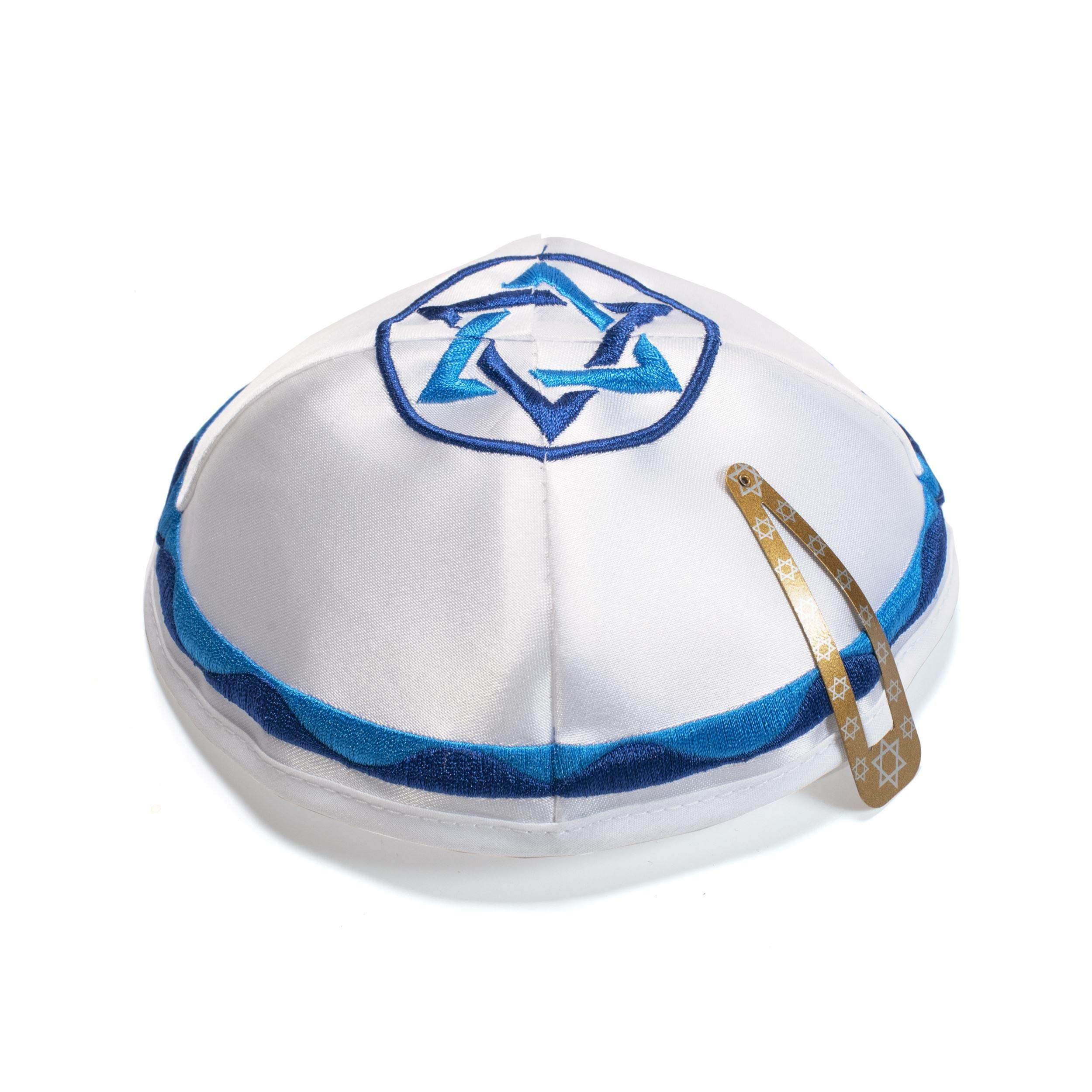 White Satin Star of David and Blue Color Kippah Yarmulke Jewish Yamaka Kippa Israel Cap Judaica, White, 19cm