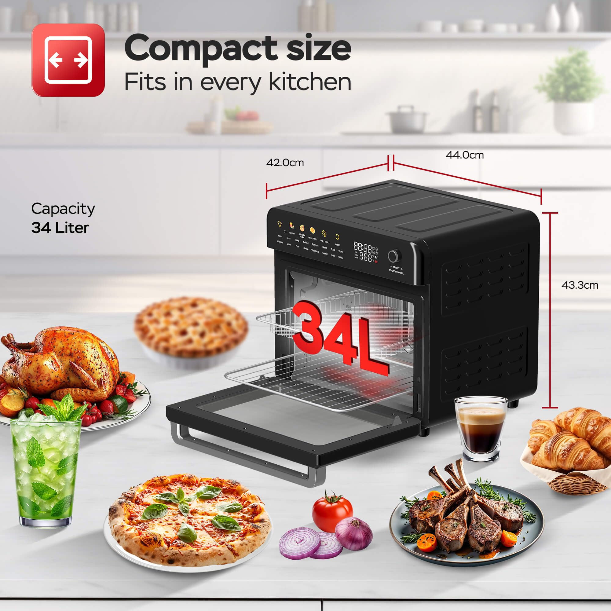 TurboTronic Multi-Smart-Ofen - 19in1 Heißluftofen & Heißluftfritteuse 2100W Power 34L bis 0,5 kg Pommes Mini-Backofen mit Dörrfunktion 40-230°C Grill Airfryer Dörrautomat schwarz