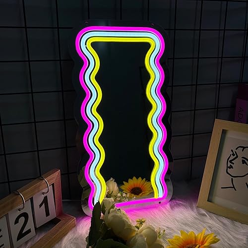 Moneter Espejo ondulado de anime con letreros de neón, regulable para regalo de niñas adolescentes, espejo de maquillaje, bonita decoración de pared