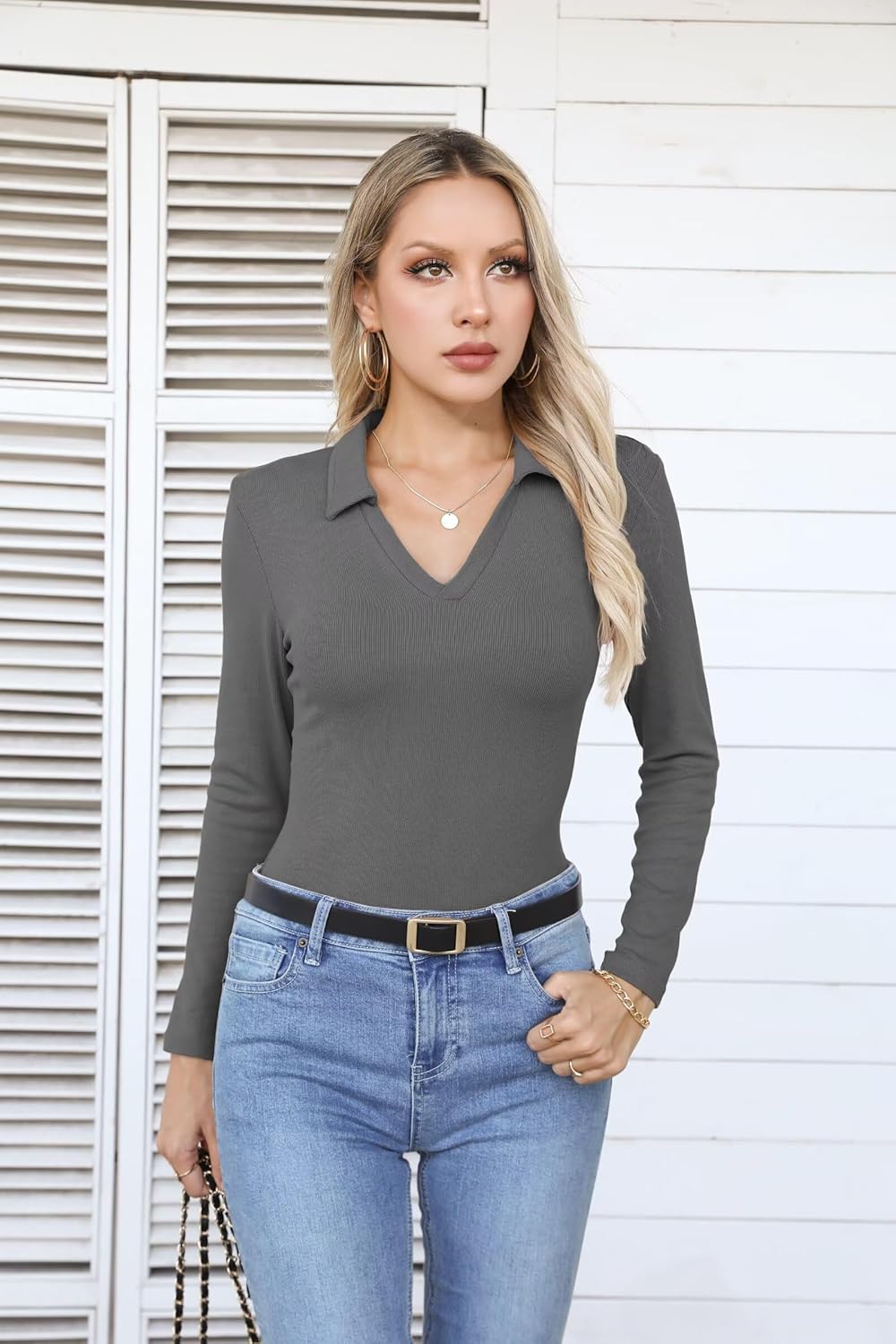 VICHYIE Womens Long Sleeve Shirts Lapel Collared V Neck Slim Fitted Ribbed Knit Trendy Tight Polo Tops - Image 6