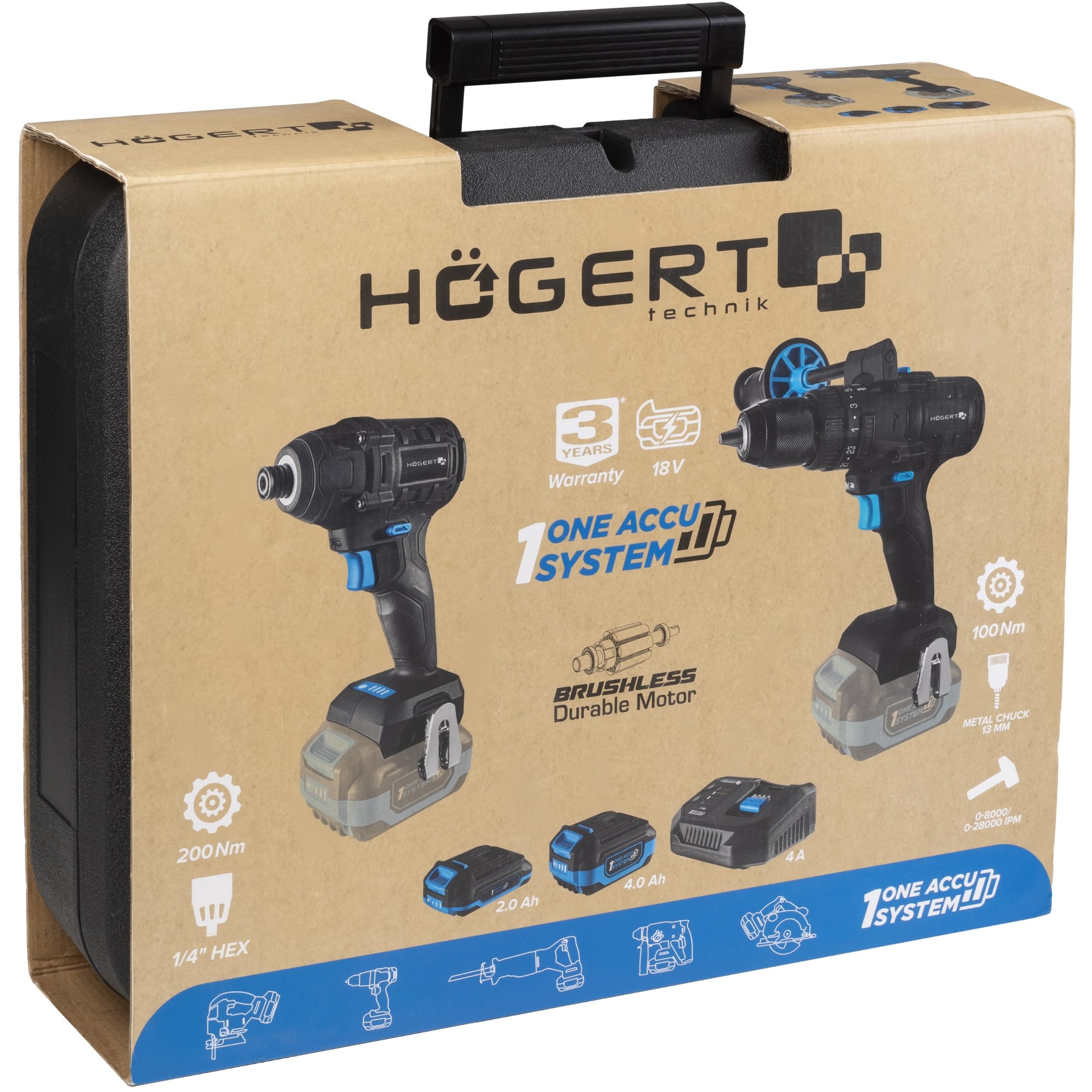 HÖGERT TECHNIK Set de taladro percutor a batería 18V, 200 Nm y 100 Nm, 2 atornilladores de impacto sin escobillas, 2 baterías, cargador 4A, iluminación LED, engranaje metálico, para madera y metal