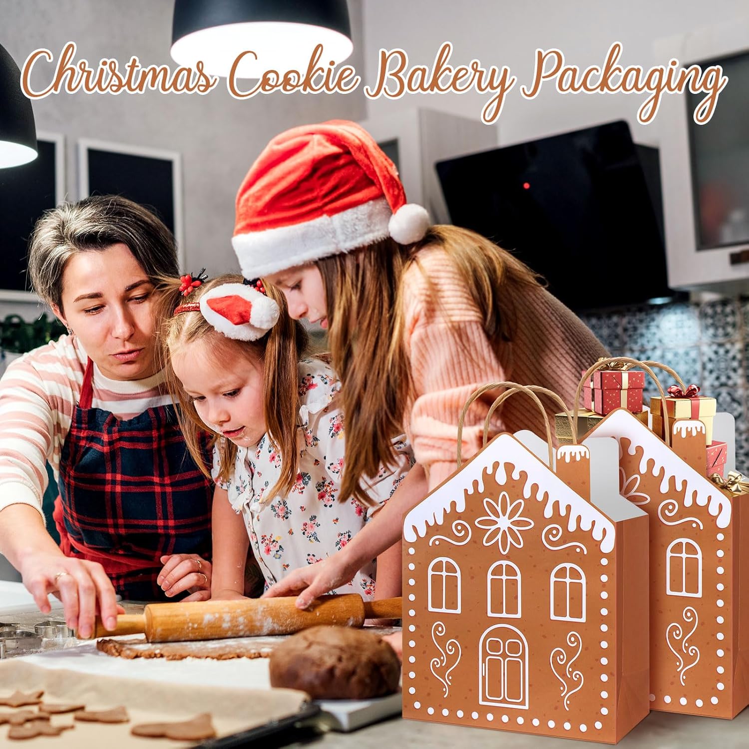 Kolldenn 24 Pcs Kraft Christmas Gingerbread Paper Gift Bags with Handles Reusable Gingerbread House Shaped Goodies Treat Candy Bags Bulk 10.6 x 3.1 x 7.1 Inch for Wrapping Holiday Xmas Party Favors - Image 6