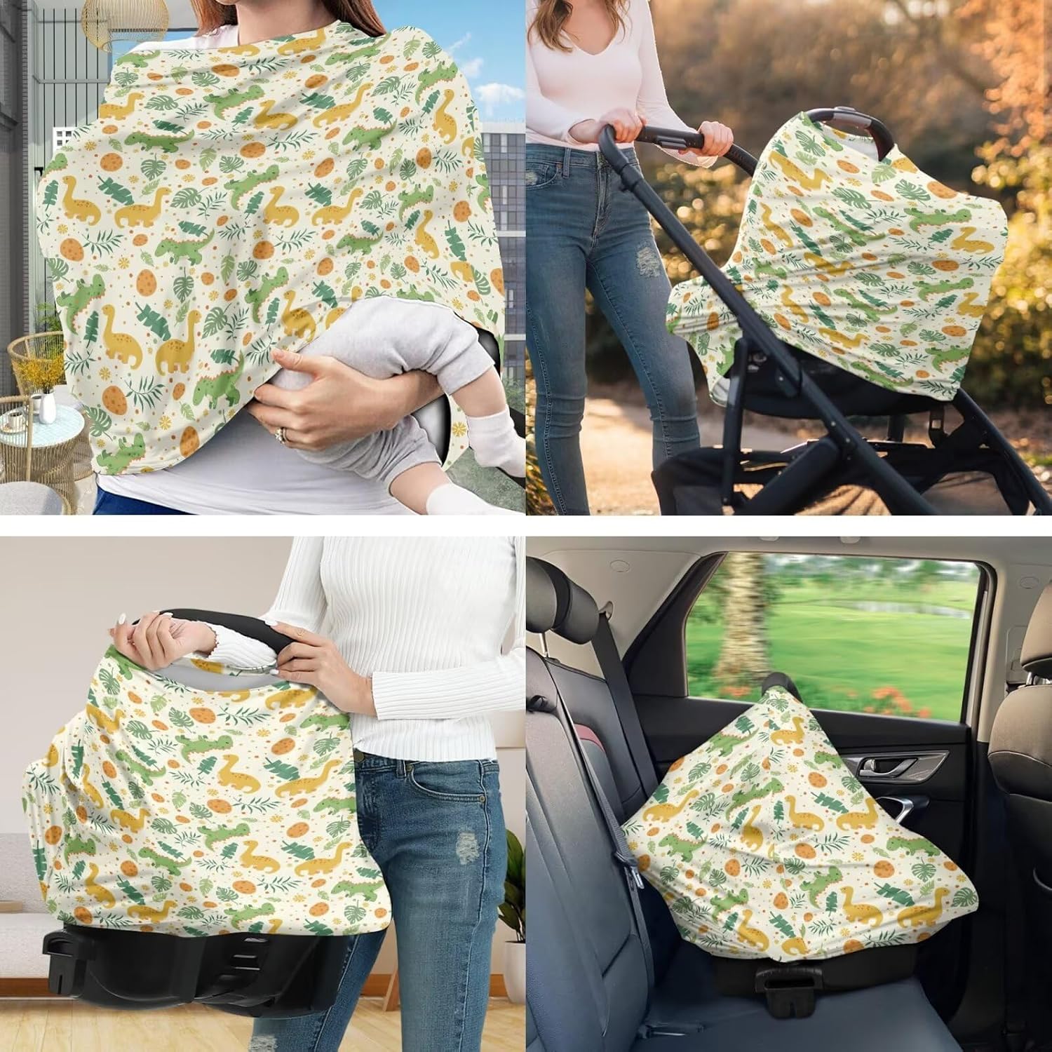 Nursing Carseat Canopy Pillowcase Breastfeeding Cover for Infant Girl & Boy, T Rex Dinosaur Print Stretchy Car Seat Covers for Babies, Shower Gifts