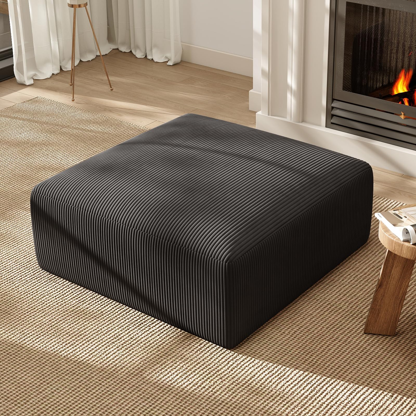 Square Cloud Sofa Footstool for Living Room, No Assembly Modular Corduroy Convertible Couch Seat, Modern Boneless Style Sofa Accessory for Lounge or