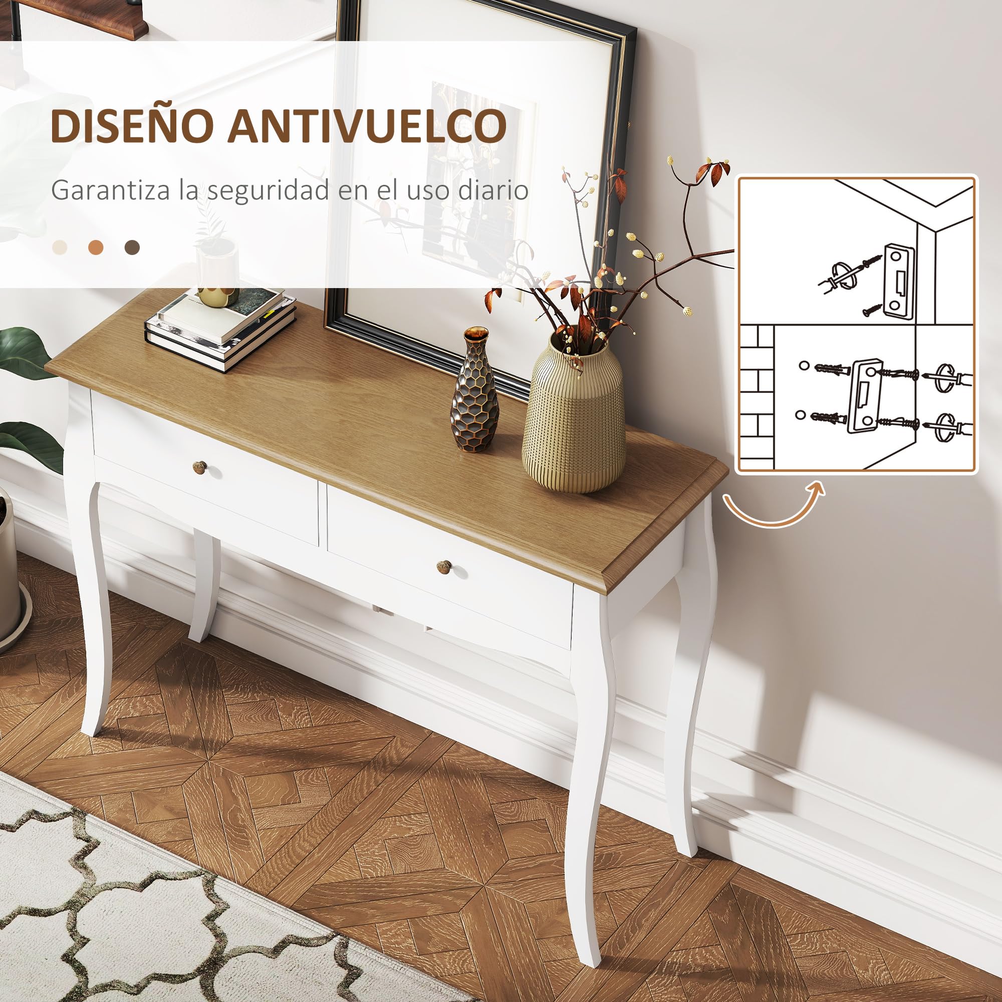 HOMCOM Mesa de Consola con 2 Cajones 100x35x76,5 cm Blanco Marrón Oscuro | Mesa de Entrada, Consola para Recibidor, Estilo Francés, para Pasillo Dormitorio Salón