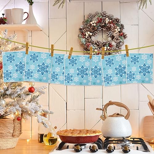Miniatura 7 de Whaline 4 paños de cocina suecos de Navidad blanco azul copo de nieve reutilizables lavables de algodón para cocina para invierno vacaciones hornear
