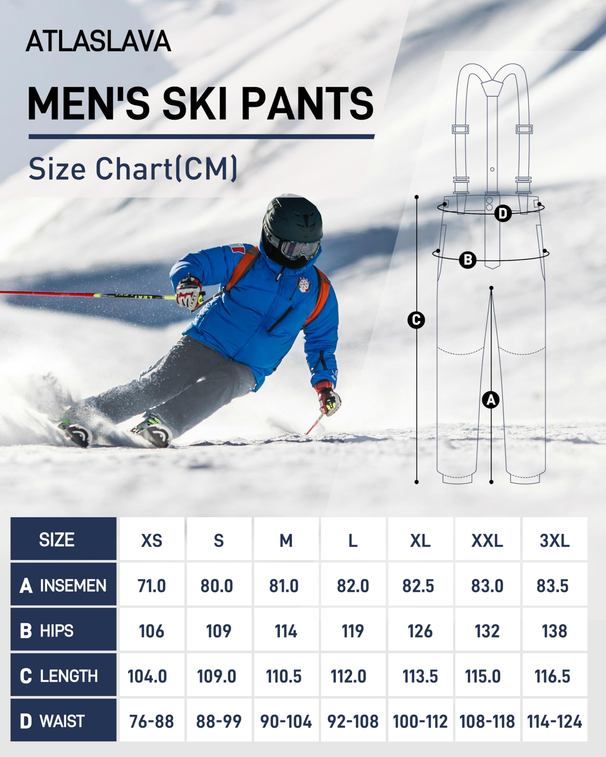 ATLASLAVA Pantaloni da sci invernali da uomo con bretelle, impermeabili, caldi, antivento, antistrappo, resistenti agli strappi