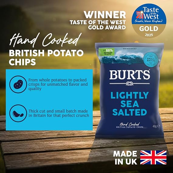 Burts Lightly Sea Salted Hand Cooked Chips - 20 x 40 g Multipack Crisps Box - Vegetarian Friendly, Gluten Free, Hydrogenated Fat Free, Lightly Salted Crisps
