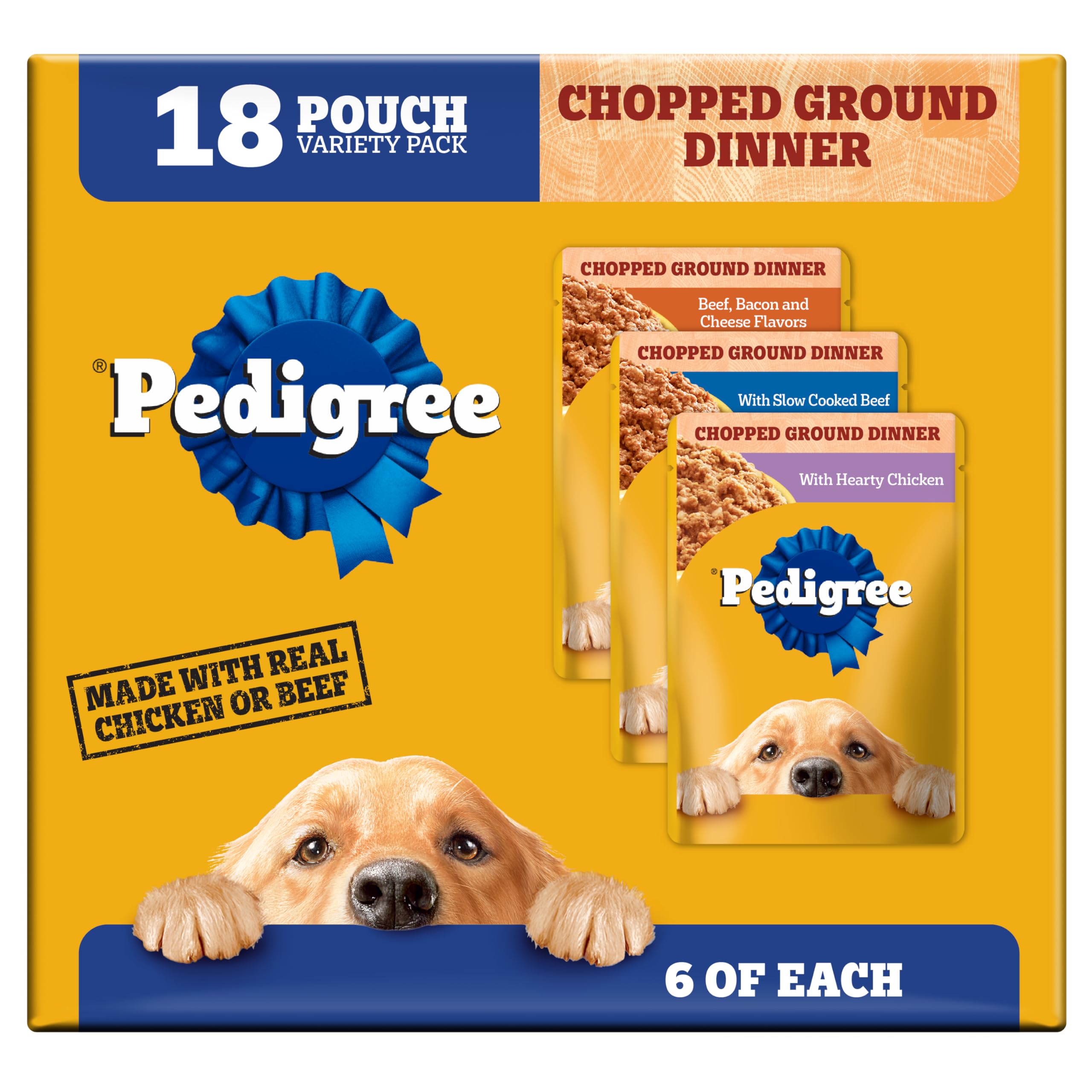 Pedigree Chopped Ground Dinner Adult Wet Dog Food Cheese Variety Pack, (18) 3.5 oz. Pouches