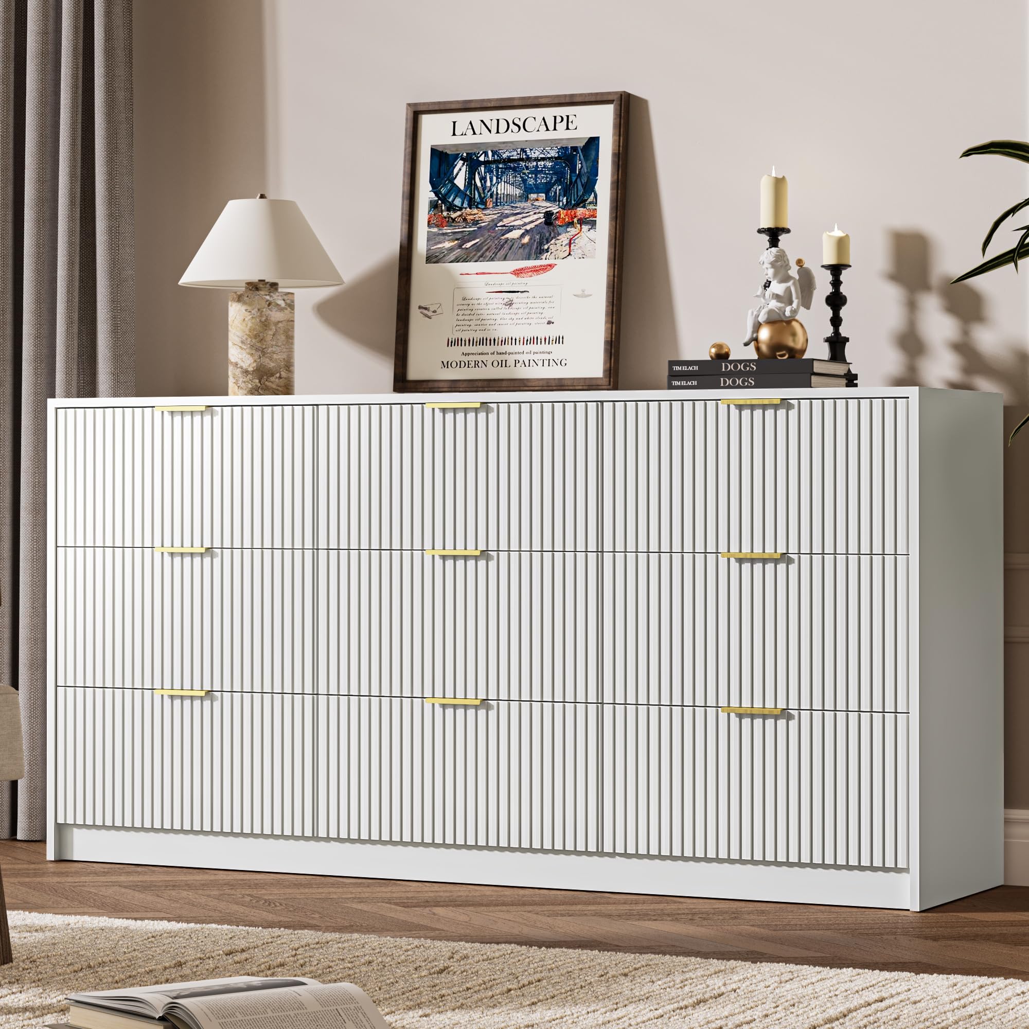 White Dresser for Bedroom, 9 Drawer Double Dresser, Modern Chest of Drawers for Bedroom, Living Room, Entryway and Closet, 63" L x 15.7" D x 31.5" H White 15.7"D x 63"W x 31.5"H (9 Drawers)