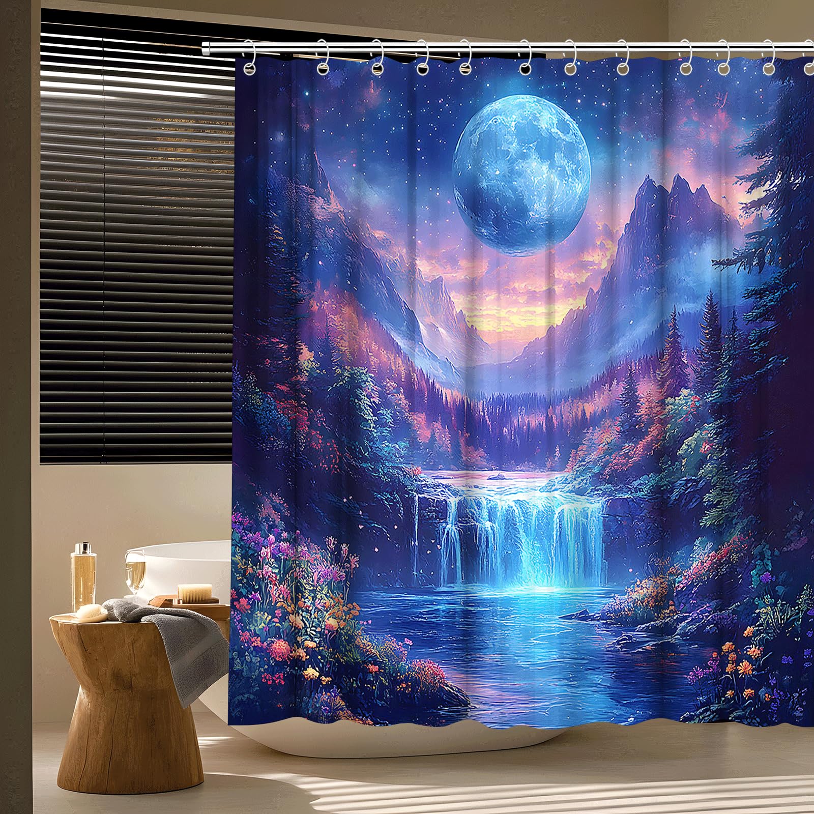 Moon Space Mountain Shower Curtain Blue Starry Night Sky Waterfall Lake Colorful Floral Tree Wonderland Fantasy Nature Scenery Bath Curtain Fabric