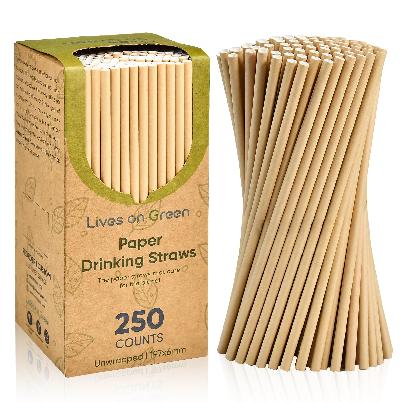 Lives on Green Brown Kraft Paper Straws, 19,7 x 0,6cm, for Milk Juice, Tea, Hot or Cold Drinks - 100% Biodegradable, 250 Counts