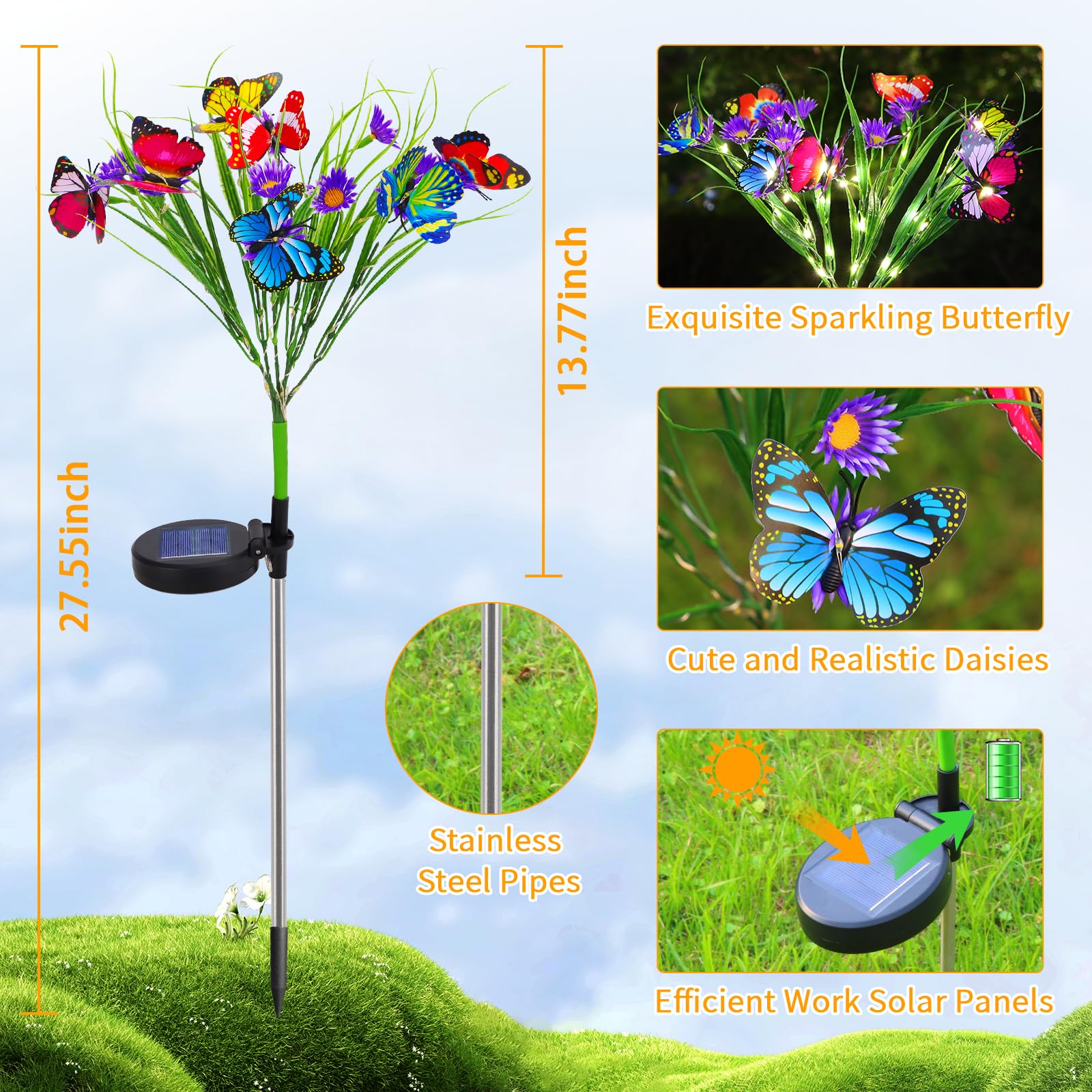 Lot De 3 Lampes Solaires D'extérieur, Papillons Artificiels De 76 Cm, Avec LED Colorées