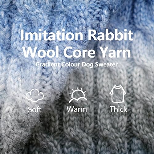 Miniatura 4 de KYEESE Suéter de punto trenzado grueso para perro, cuello alto, cálido, con mangas, ropa mullida para perro, color degradado, azul, talla L