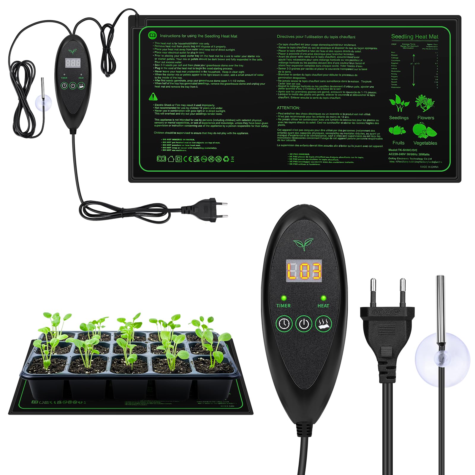 Estera Calefactora para Plantas con Termostato, Estera TéRmica para Plantas con 6 Niveles de Temperatura Y 6 Niveles de Temporizador, Estera TéRmica para PláNtulas (30W, 53x 25cm)