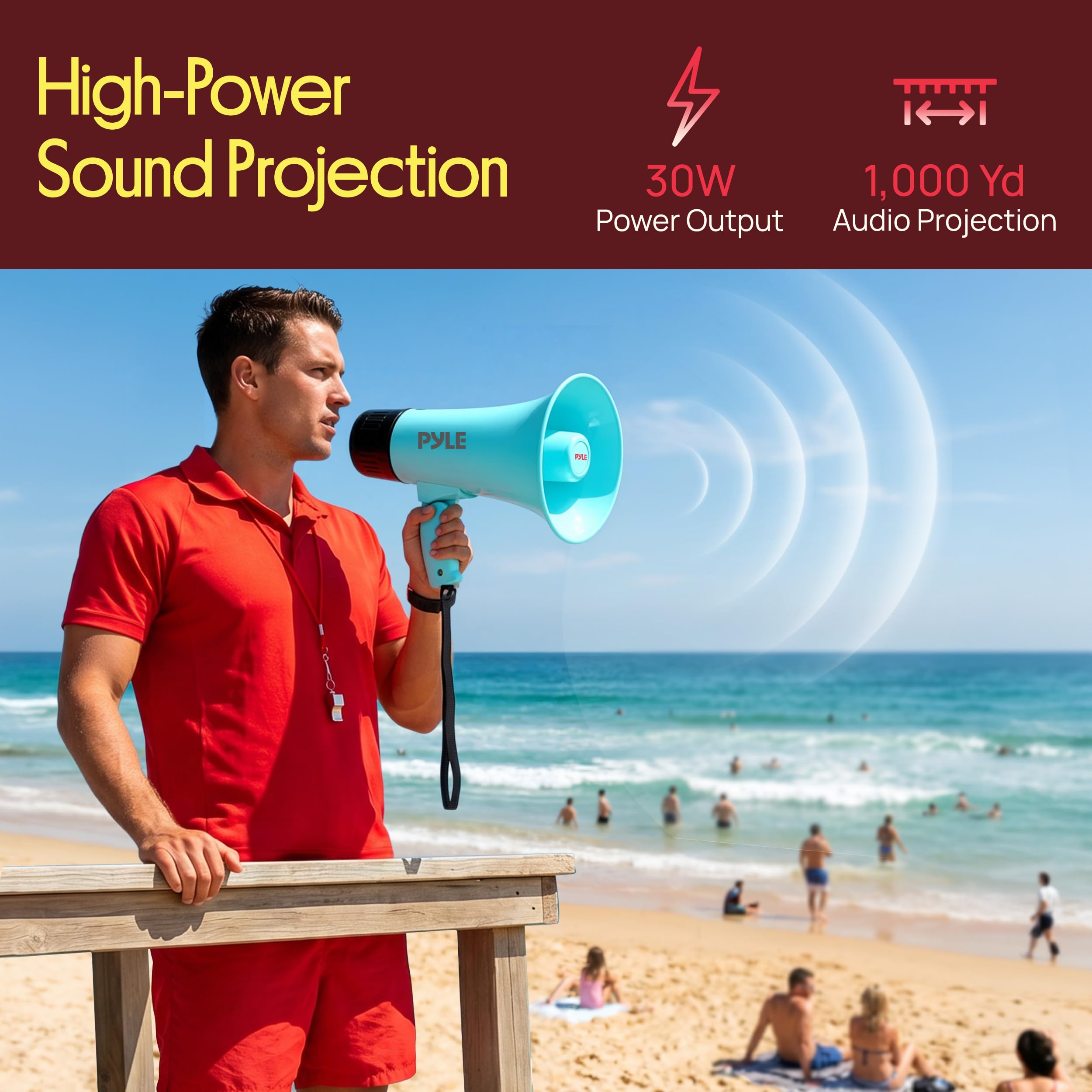 Pyle Megaphone Haut-Parleur 30 W | Mégaphone Bullhorn Rechargeable avec bandoulière, sirène, Bluetooth et changeur de Voix | Portée de 914 m | Enregistrement et Lecture | Design résistant aux