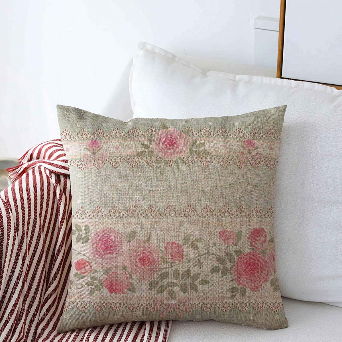 Throw Pillows Cover 16 x 16 Inches Green Shabby Floral Rosette Polka Bow Dot Chic Vintage Pink Lace Rose Flower Classic Abstract Bloom Cushion Case Cotton Linen for Fall Home Decor