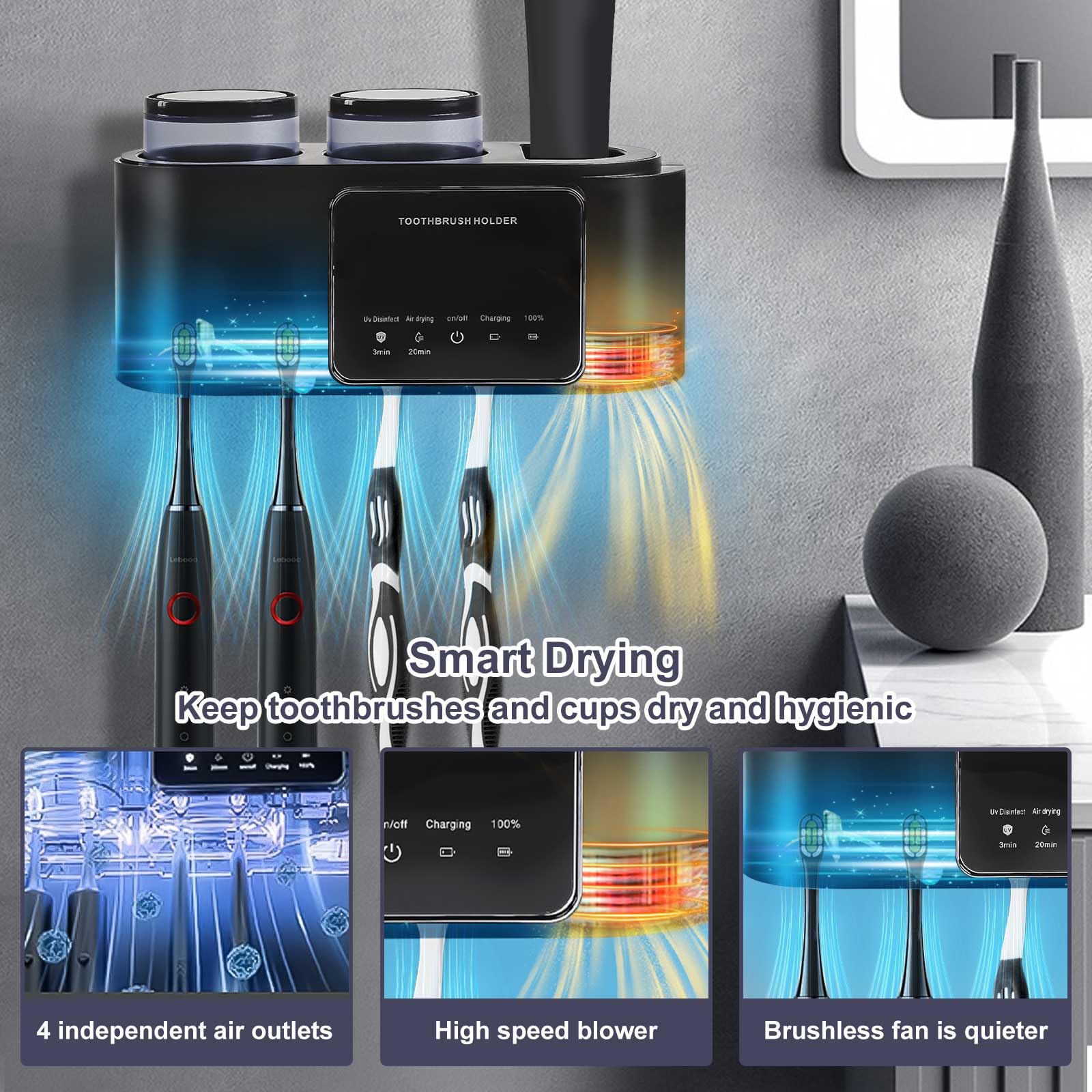 Porta Spazzolino Elettrico da Muro, Porta Spazzolini Bagno Sterilizzatore Portaspazzolino U.V Carica Solare e Funzione di Pulizia Automatica Carica 1800mAh Portaspazzolino da Parete Senza Foratura