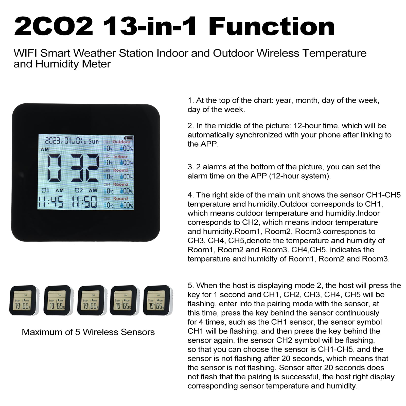 Digitales Hygrometer, Innen- und Außenthermometer, 13-in-1, multifunktionales kabelloses Temperaturmessgerät für den Heimgebrauch (5 Pcs Sensors)