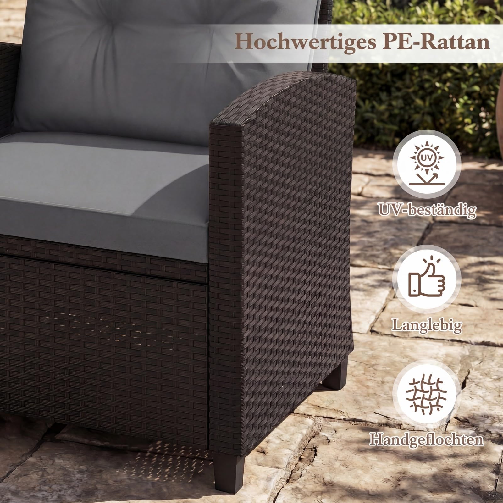 COSTWAY 3-TLG. Rattan Gartenmöbel Set, Balkonmöbel mit Kissen, 2 Stühlen und Tisch, Polyrattan Balkonset, Terrassenmöbel, Gartengarnitur, Sitzgruppe für Terrasse, Balkon, Garten (Grau)