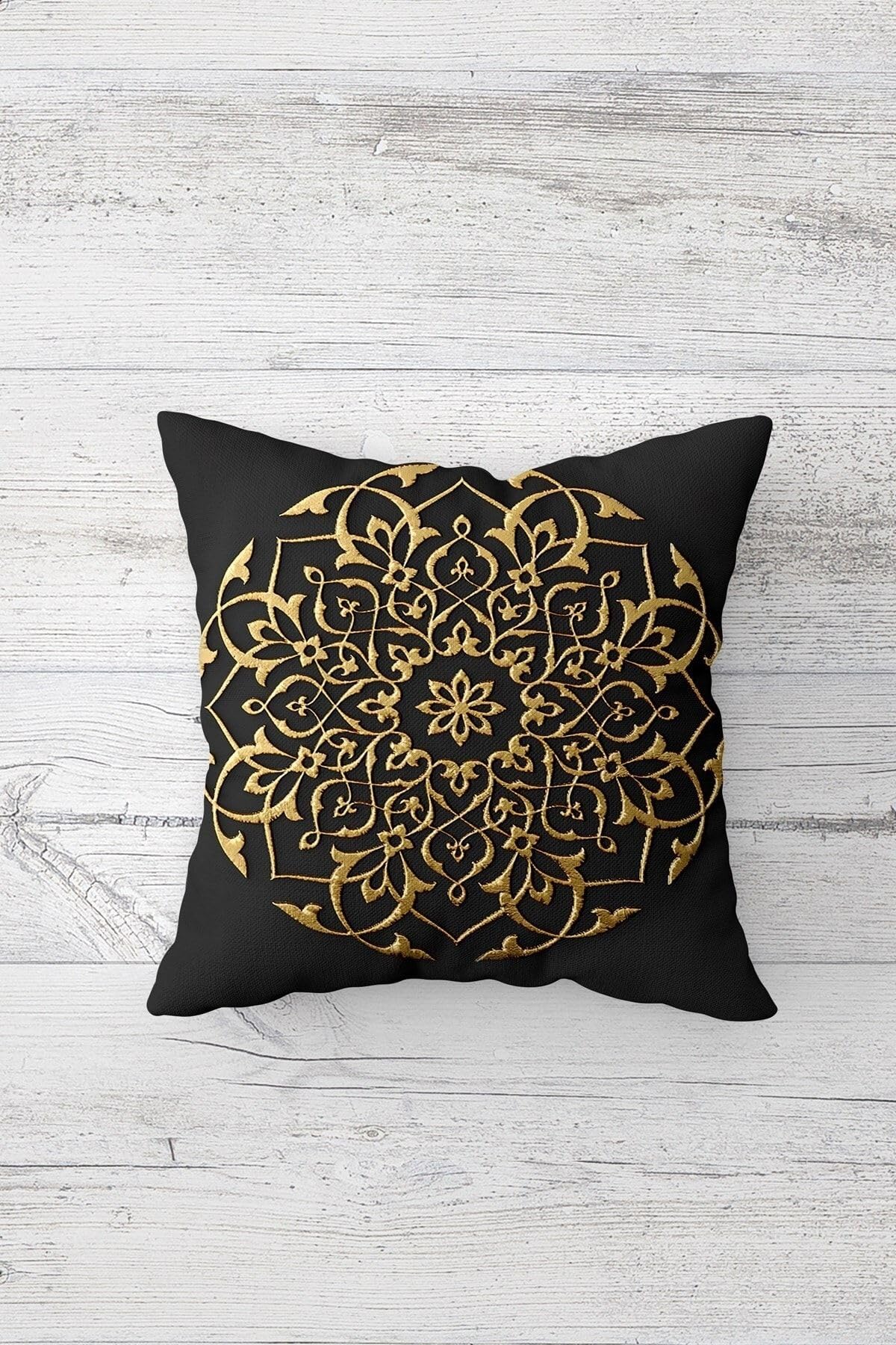 Pelangi Gold Varak Desenli Gizli Fermuarlı Kırlent Kılıfı Koltuk Yastık Kılıfı Takım(4adet), Gold-Antrasit 45 x 45