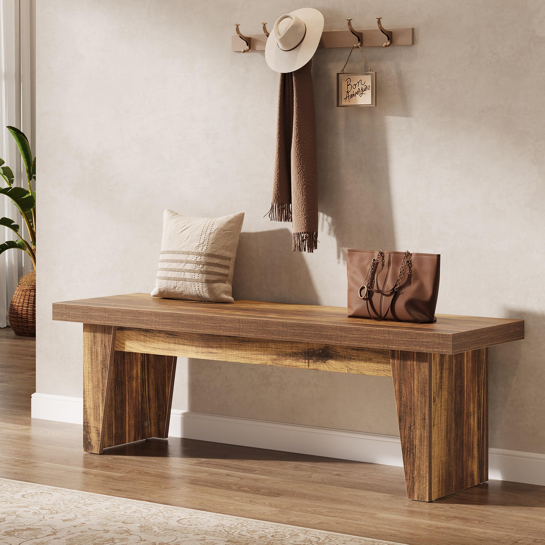 Tribesigns 55" Wooden Entryway Bench, Farmhouse Long Entry Seat, Indoor End of Bed Stool with Storage Capability for Hallway, Living Room, Bedroom, Easy Assembly, Dark Brown