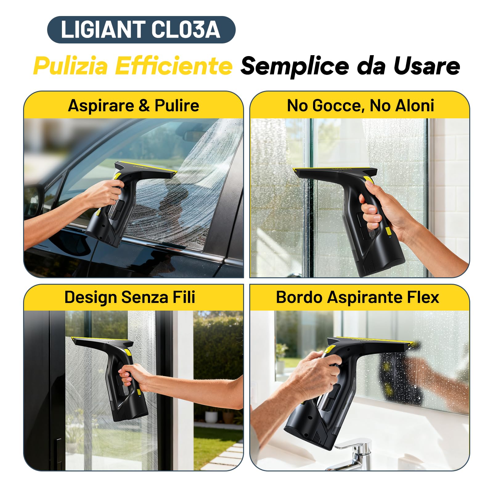 LIGIANT CL03A Lavavetri Aspiragocce Elettrico, 60 Min Autonomia, Ugello 280 mm, Leggero 700 g, Bottiglia Spray e Panni in Microfibra, Ricarica Type-C, Ideale per Finestre, Piastrelle, Specchi e Doccia