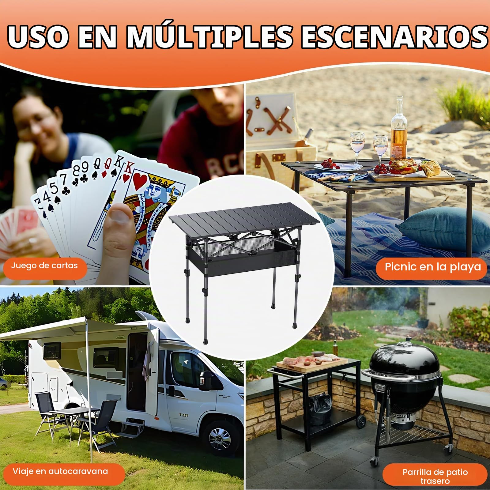 FUNYKICH Mesa Plegable de Camping 82 x 40cm con 2 Alturas Ajustables (44/70cm), Fácil Montaje, Bolsa de Malla Tablero Enrollable de Aluminio para Barbacoa